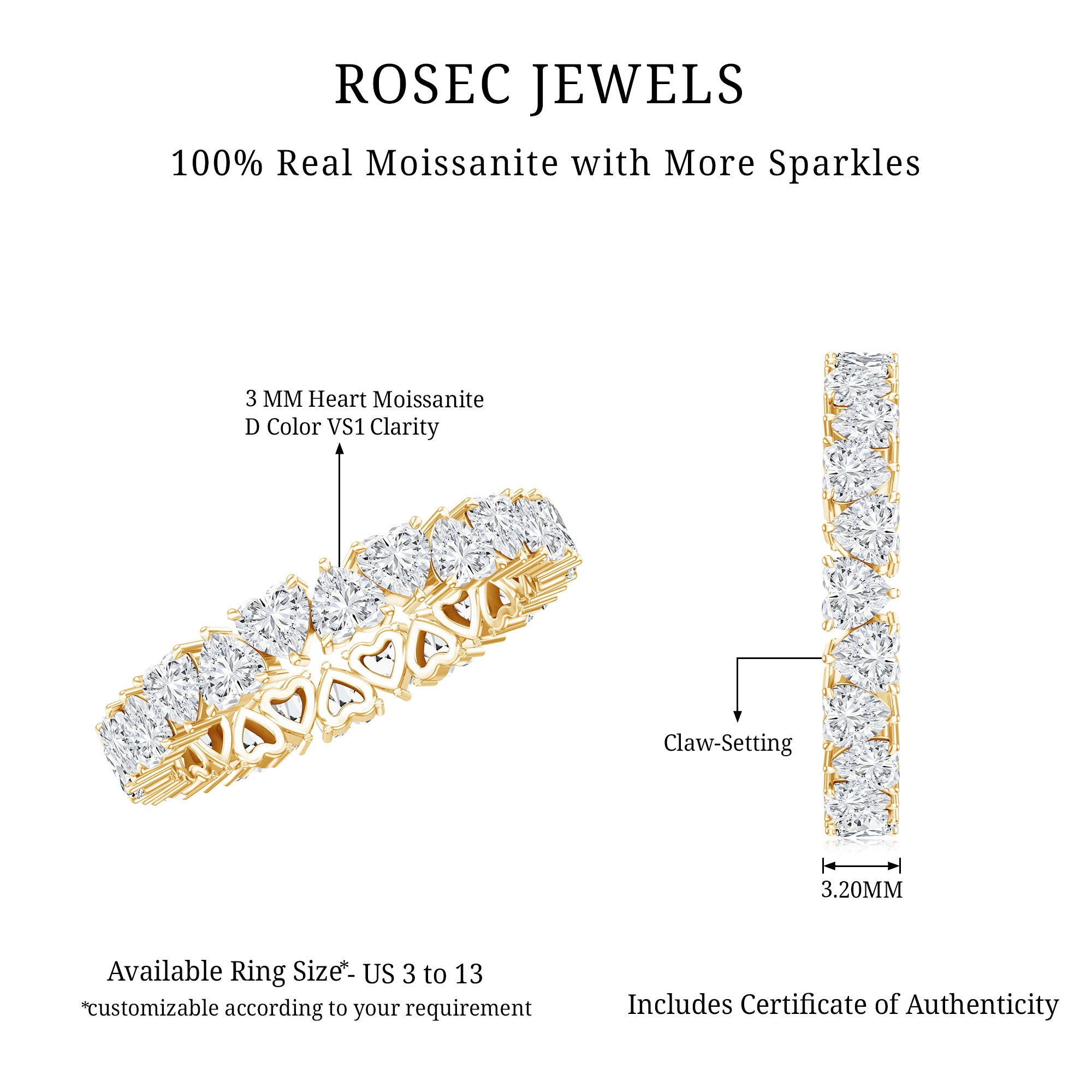 Claw Set Moissanite Heart Wedding Band for Women D-VS1 - Rosec Jewels