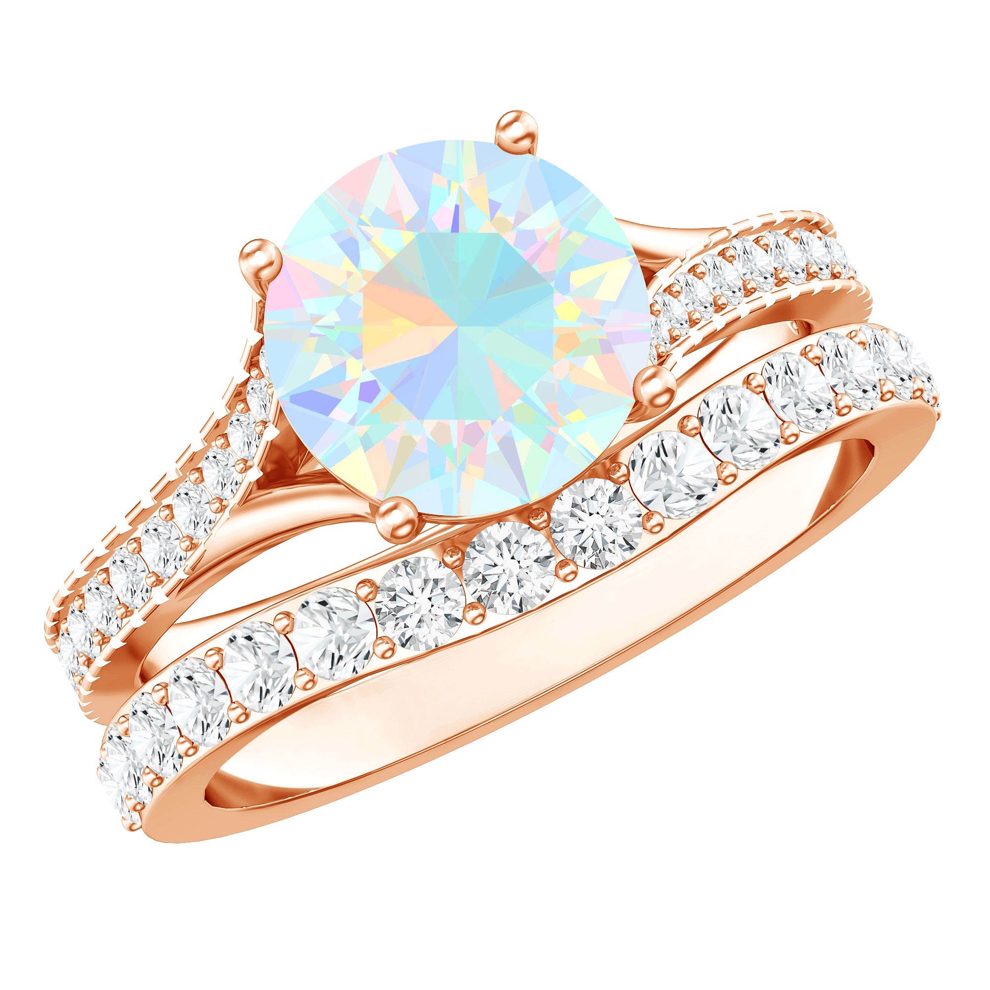 Natural Ethiopian Opal Split Shank Engagement Ring with Wedding Band AAA - Rosec Jewels