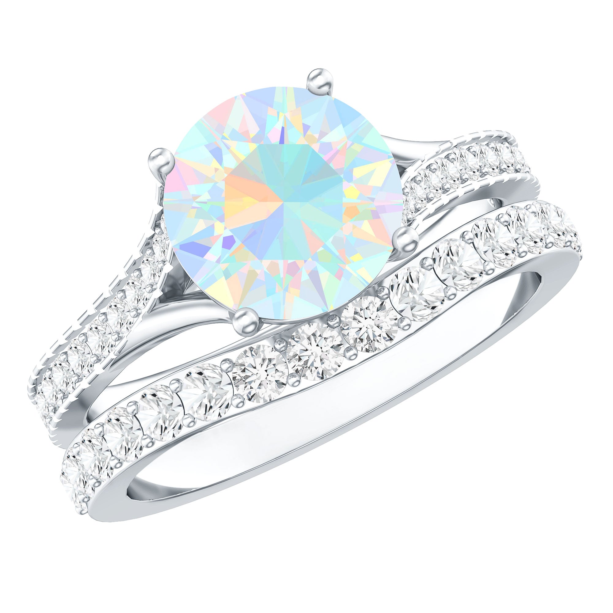 Natural Ethiopian Opal Split Shank Engagement Ring with Wedding Band AAA - Rosec Jewels