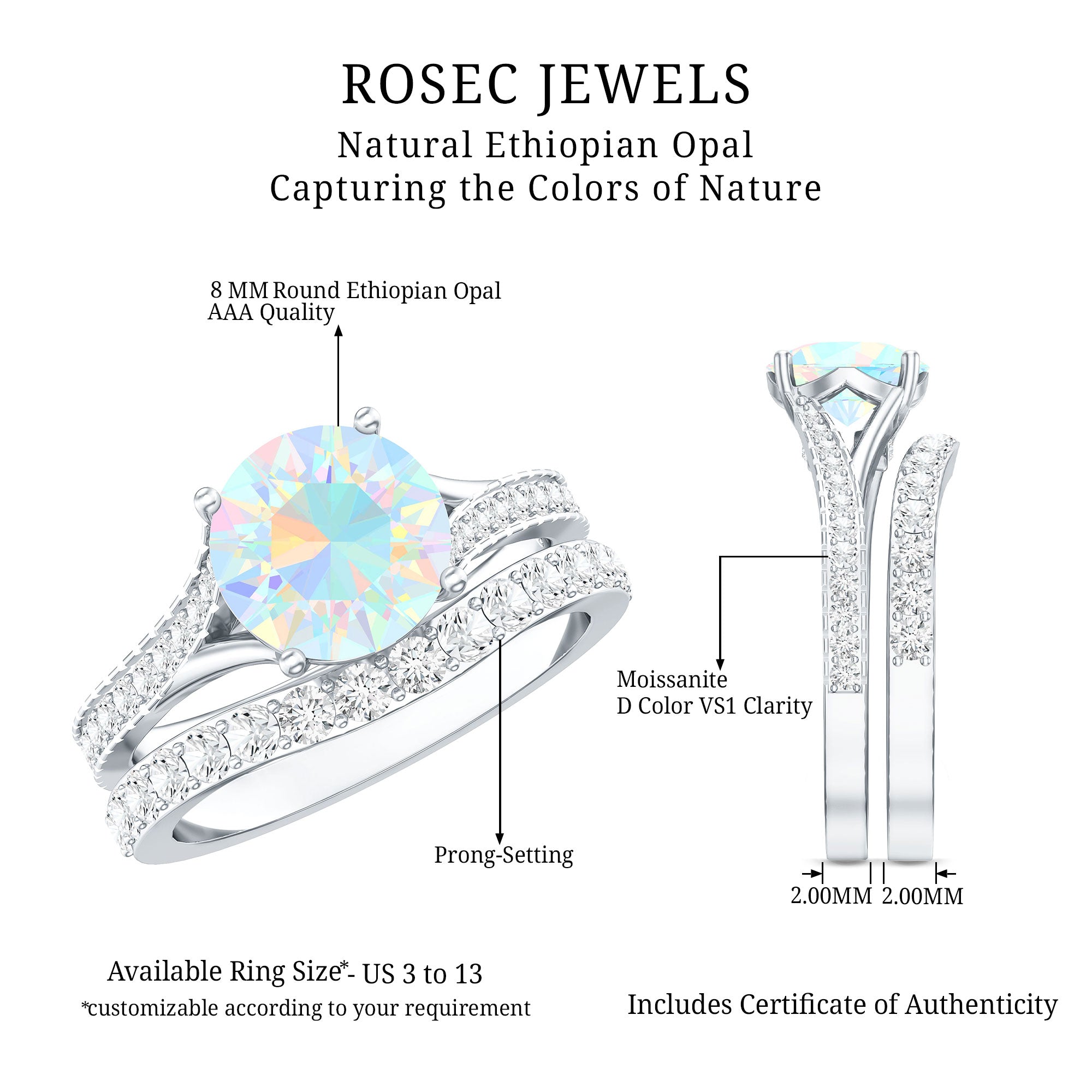 Natural Ethiopian Opal Split Shank Engagement Ring with Wedding Band AAA - Rosec Jewels