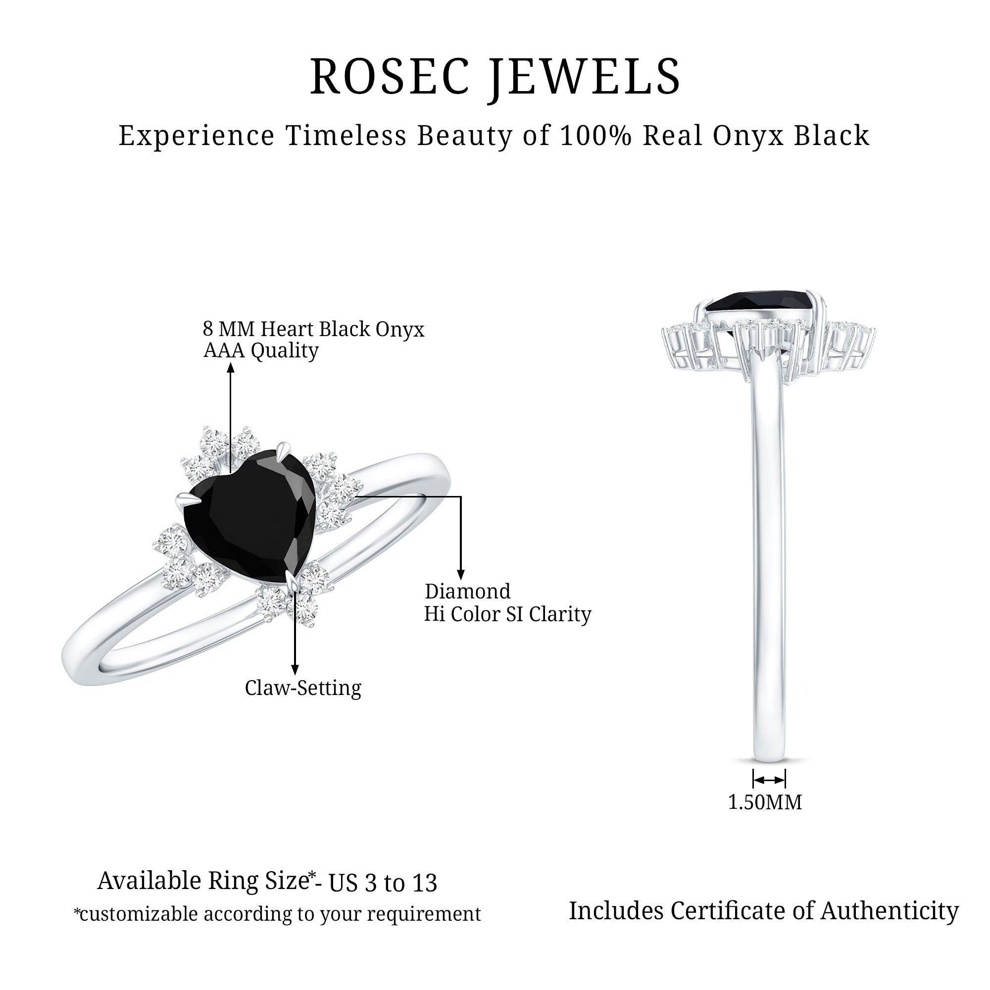 1 CT Heart Shape Black Onyx Solitaire Promise Ring with Diamond Accent AAA - Rosec Jewels
