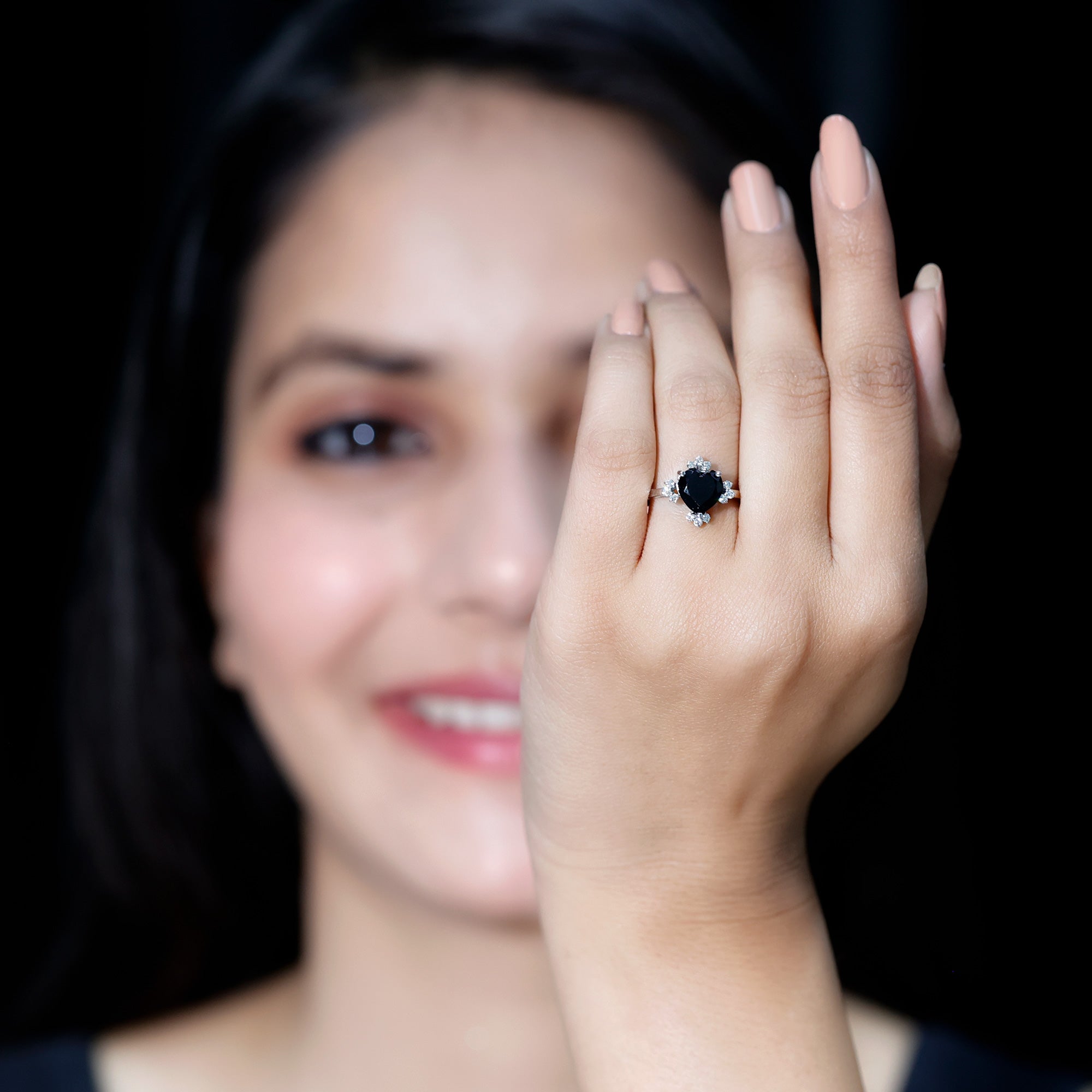 1 CT Heart Shape Black Onyx Solitaire Promise Ring with Diamond Accent AAA - Rosec Jewels