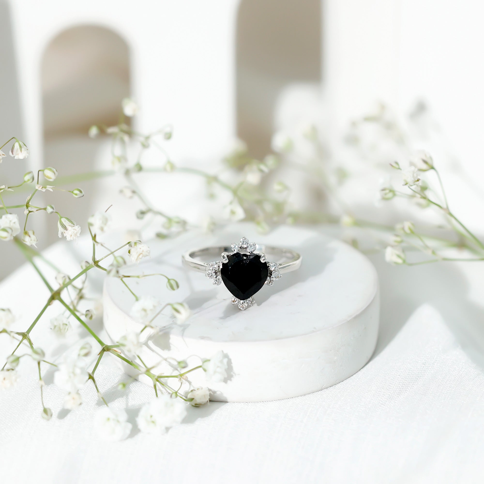 1 CT Heart Shape Black Onyx Solitaire Promise Ring with Diamond Accent AAA - Rosec Jewels