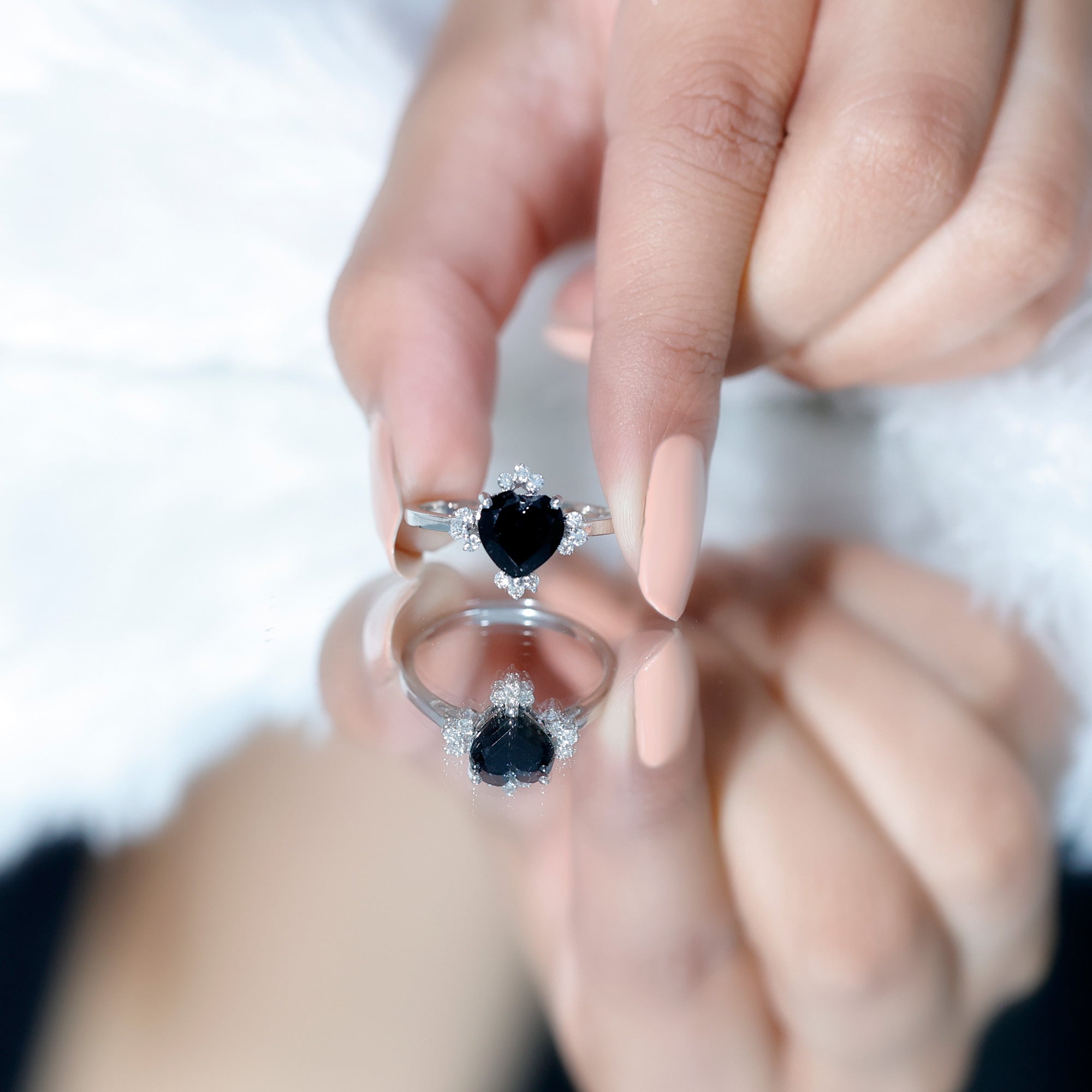 1 CT Heart Shape Black Onyx Solitaire Promise Ring with Diamond Accent AAA - Rosec Jewels
