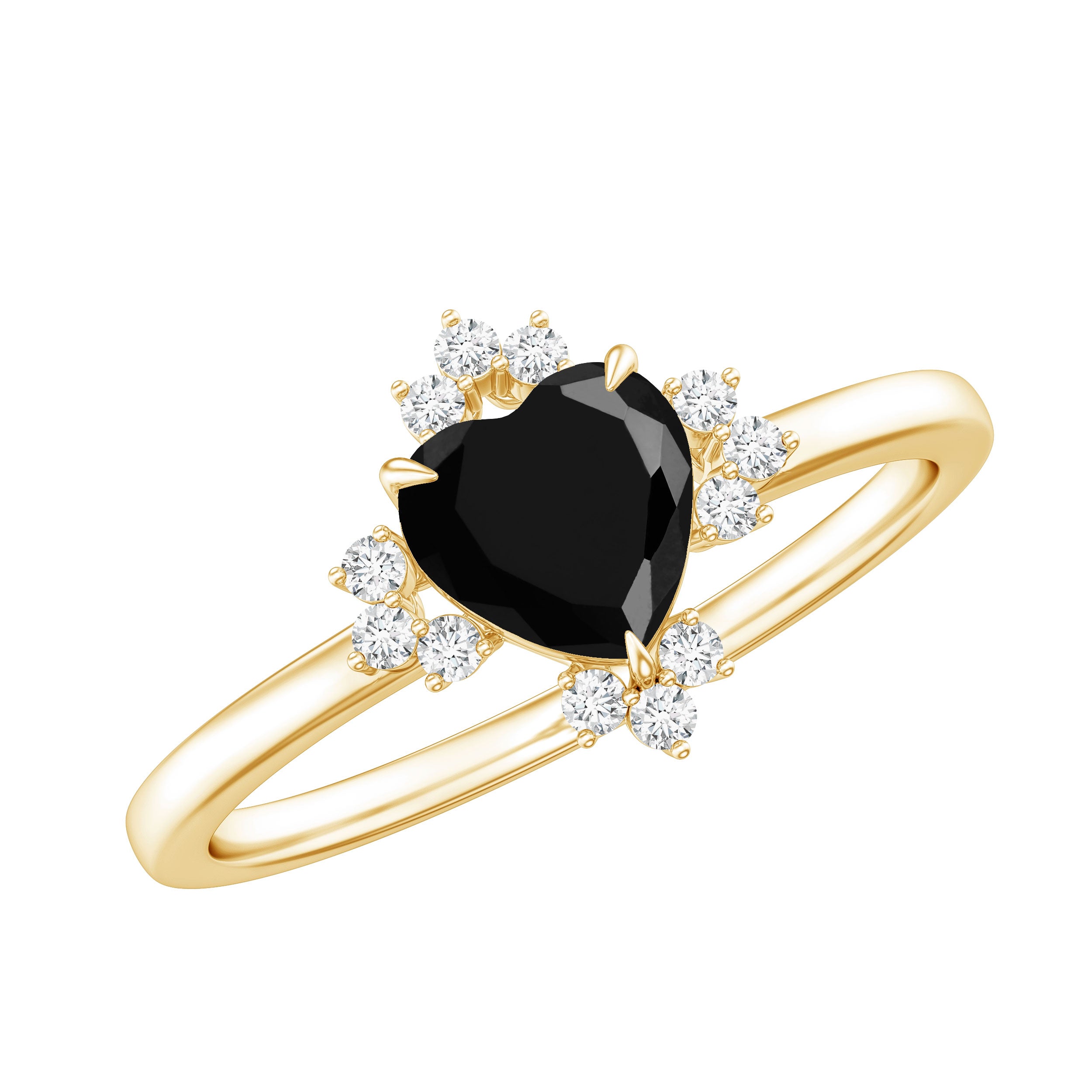 2 Carat Heart Shape Black Onyx Solitaire Engagement Ring with Diamond Accent AAA - Rosec Jewels