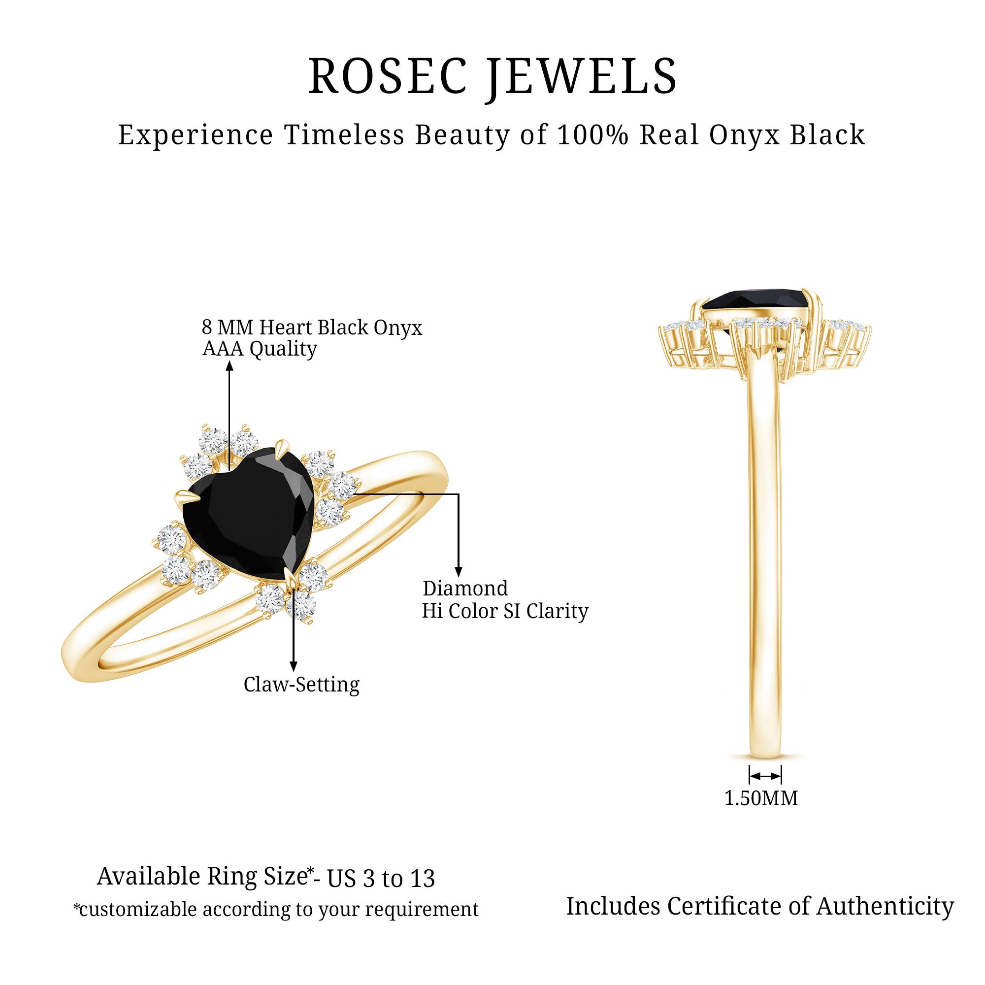 1 CT Heart Shape Black Onyx Solitaire Promise Ring with Diamond Accent AAA - Rosec Jewels