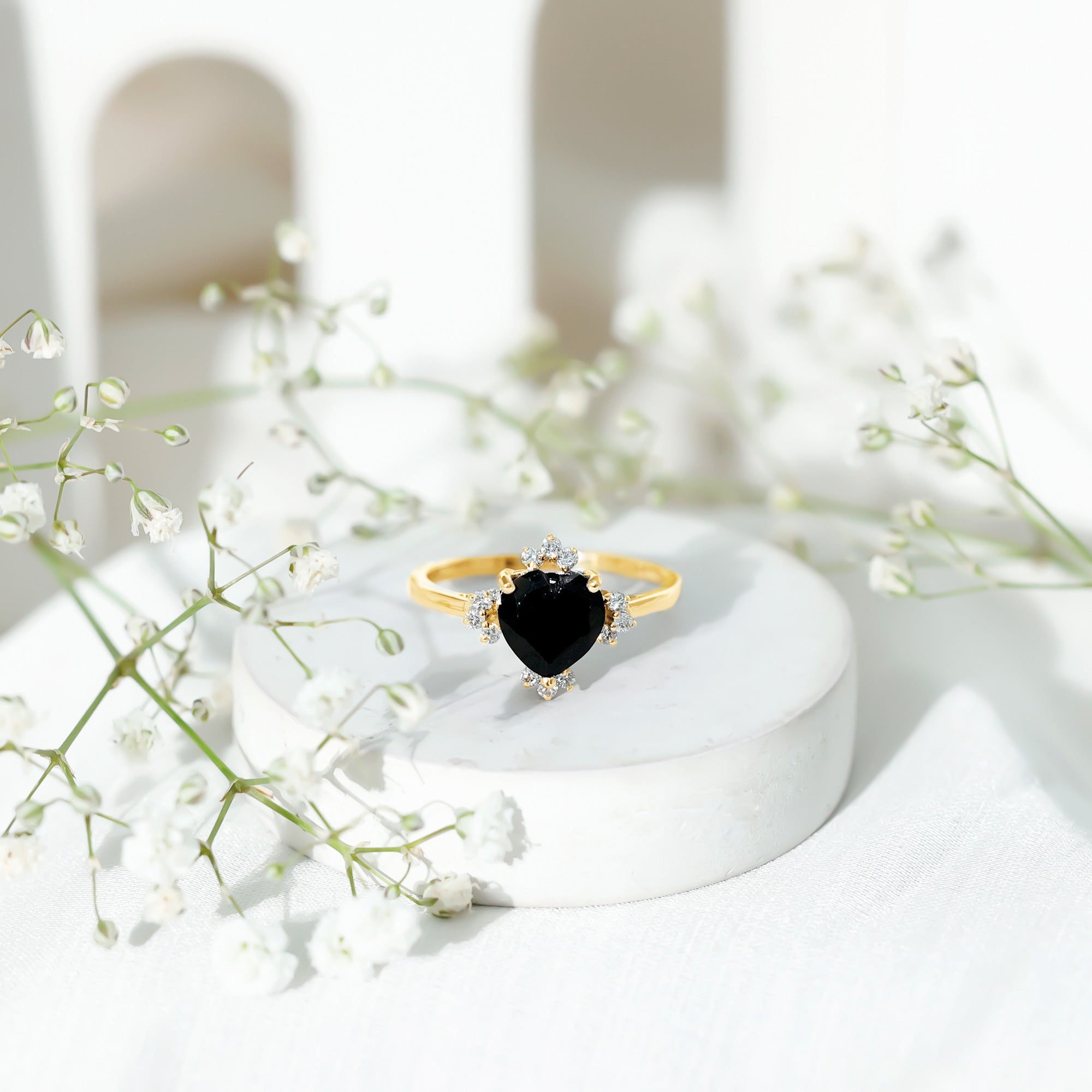 1 CT Heart Shape Black Onyx Solitaire Promise Ring with Diamond Accent AAA - Rosec Jewels