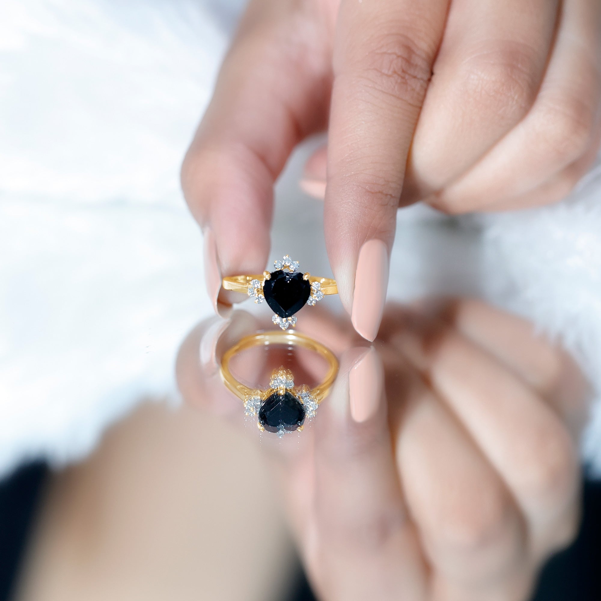 1 CT Heart Shape Black Onyx Solitaire Promise Ring with Diamond Accent AAA - Rosec Jewels