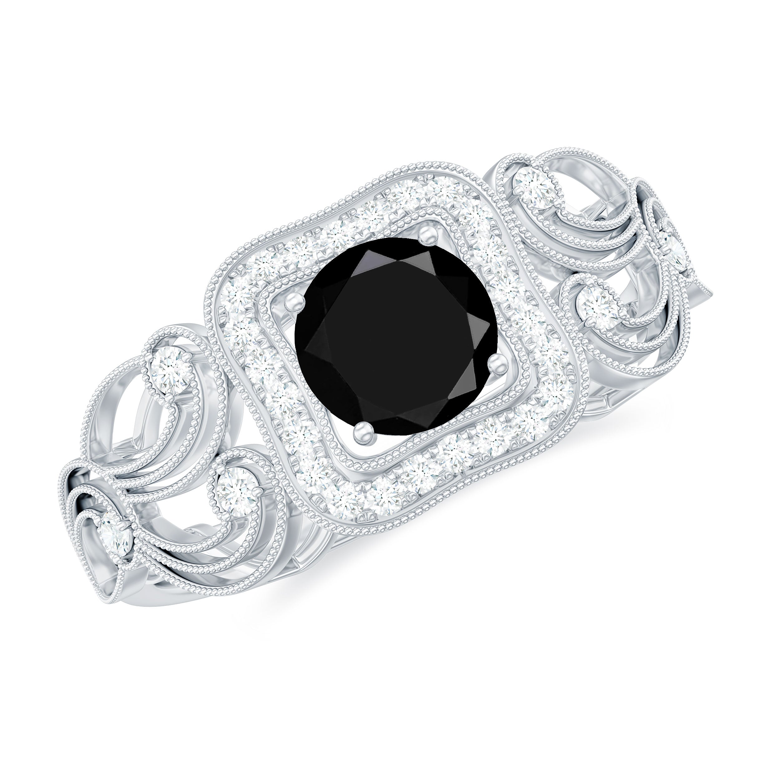 Natural Black Spinel Retro Engagement Ring with Diamond AAA - Rosec Jewels