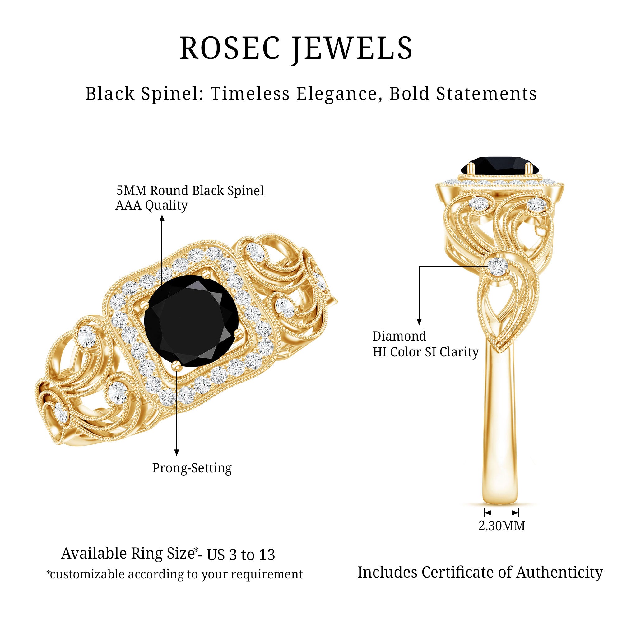 Natural Black Spinel Retro Engagement Ring with Diamond AAA - Rosec Jewels