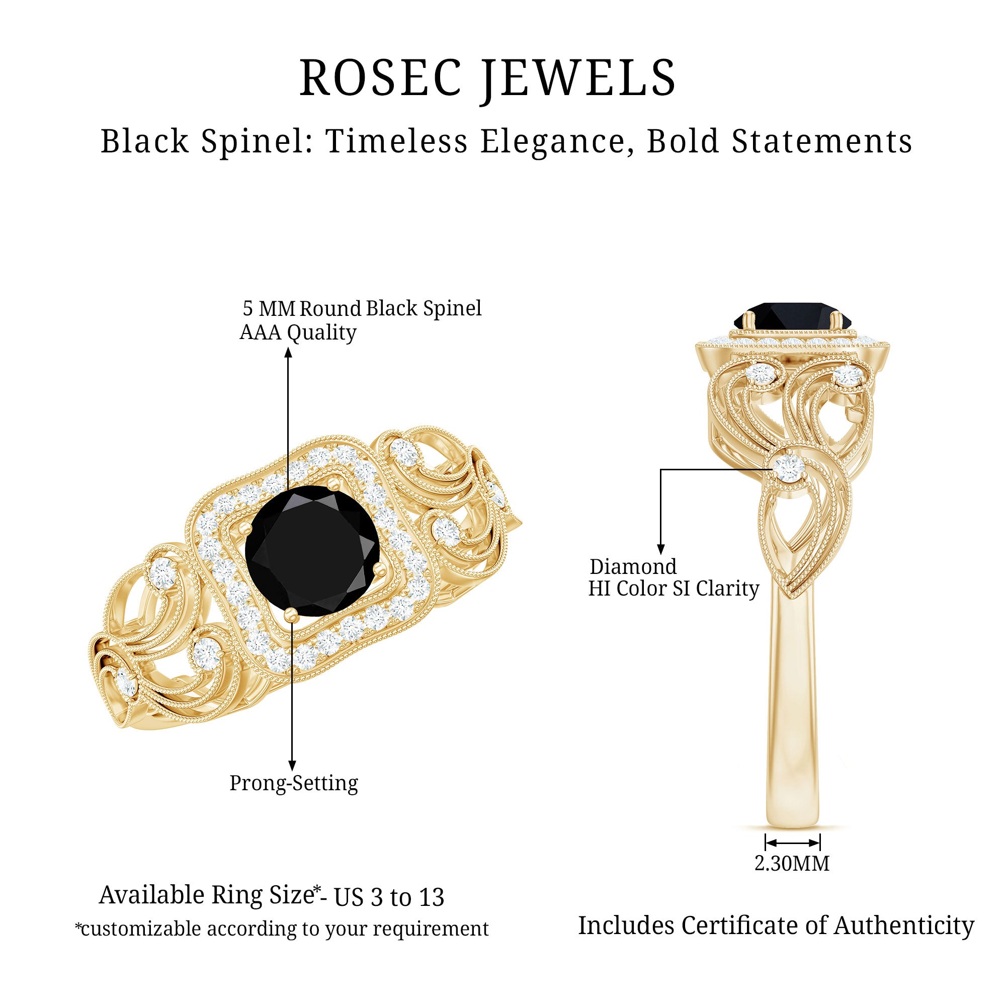 Natural Black Spinel Retro Engagement Ring with Diamond AAA - Rosec Jewels
