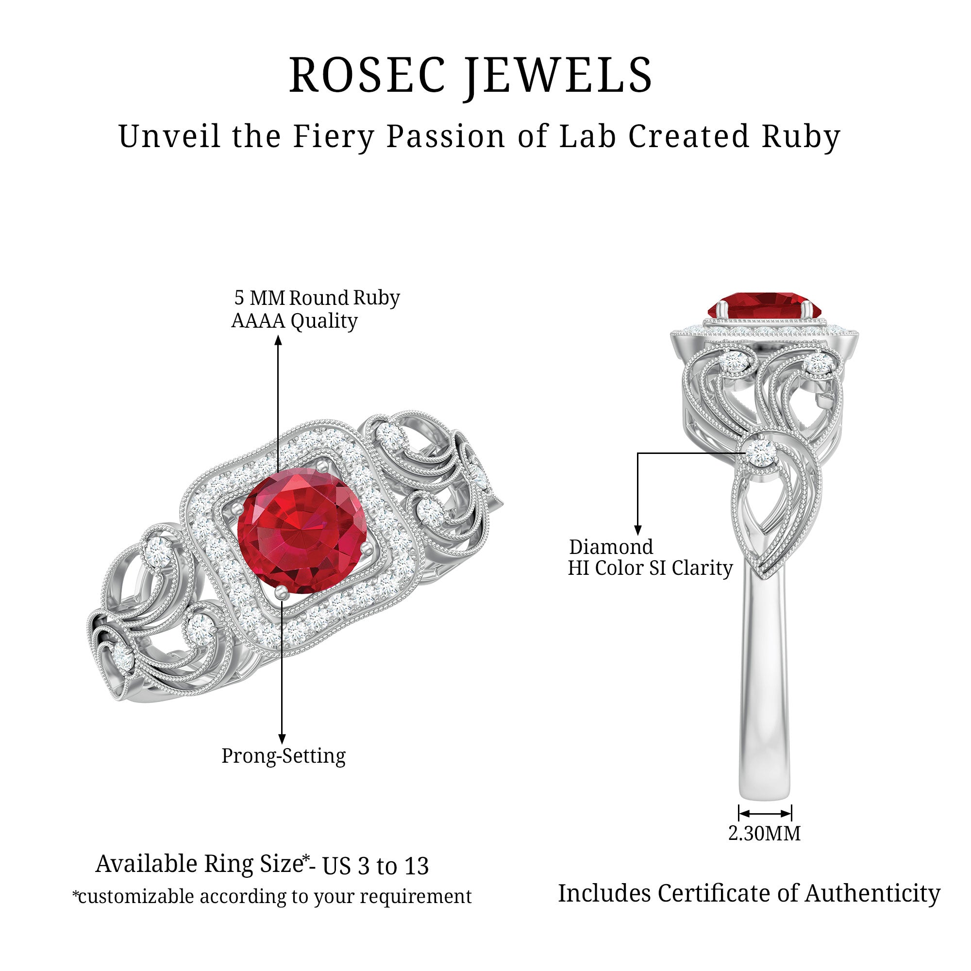 Rosec Jewels-Certified Lab Created Ruby Antique Engagement Ring with Diamond