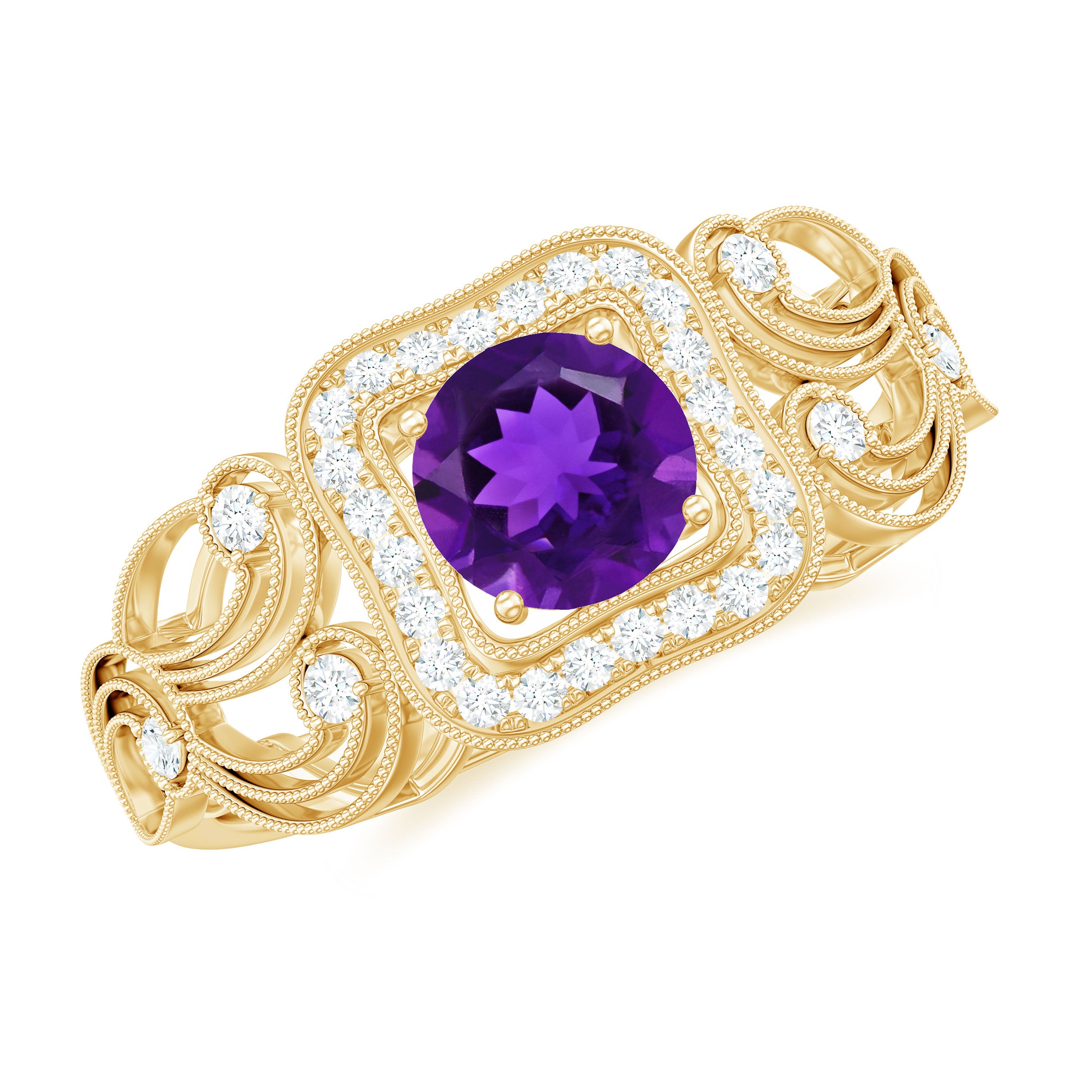 Vintage Inspired Real Amethyst Engagement Ring with Diamond AAA - Rosec Jewels