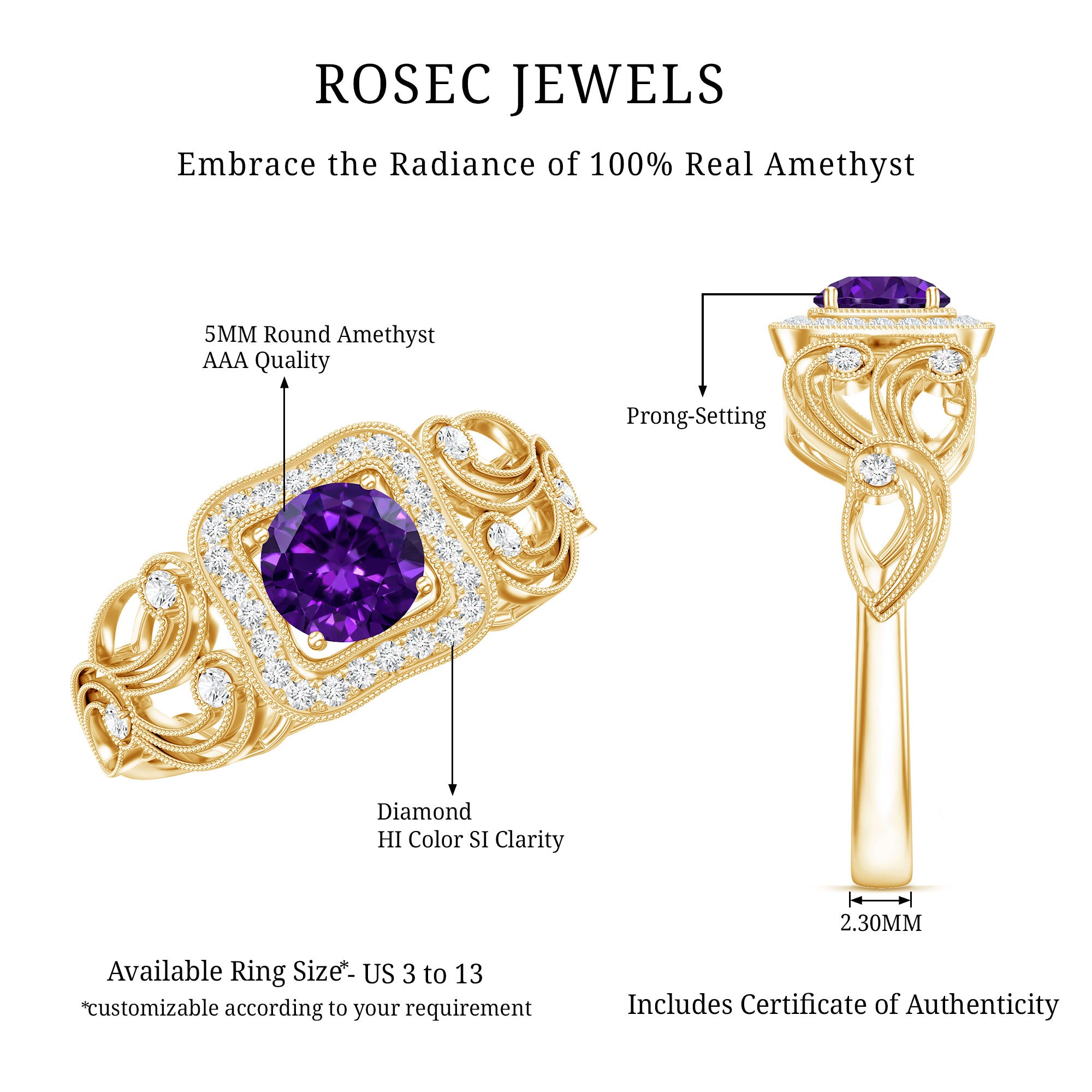 Vintage Inspired Real Amethyst Engagement Ring with Diamond AAA - Rosec Jewels