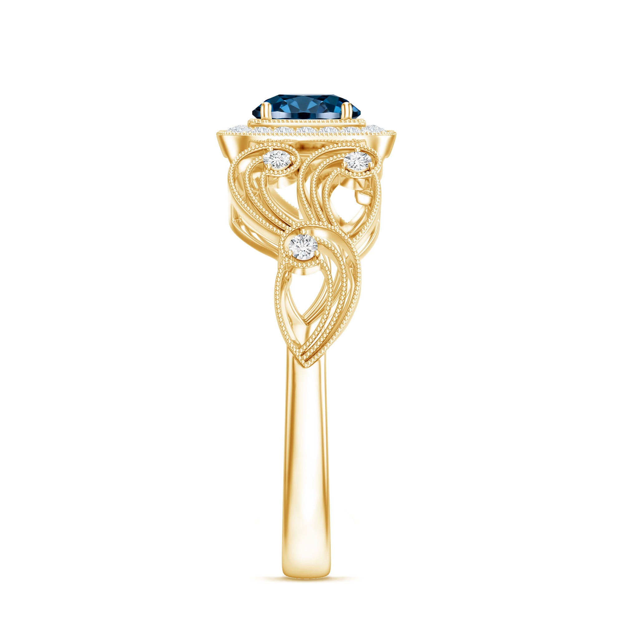 Certified London Blue Topaz Art Deco Engagement Ring with Diamond Halo AAA - Rosec Jewels