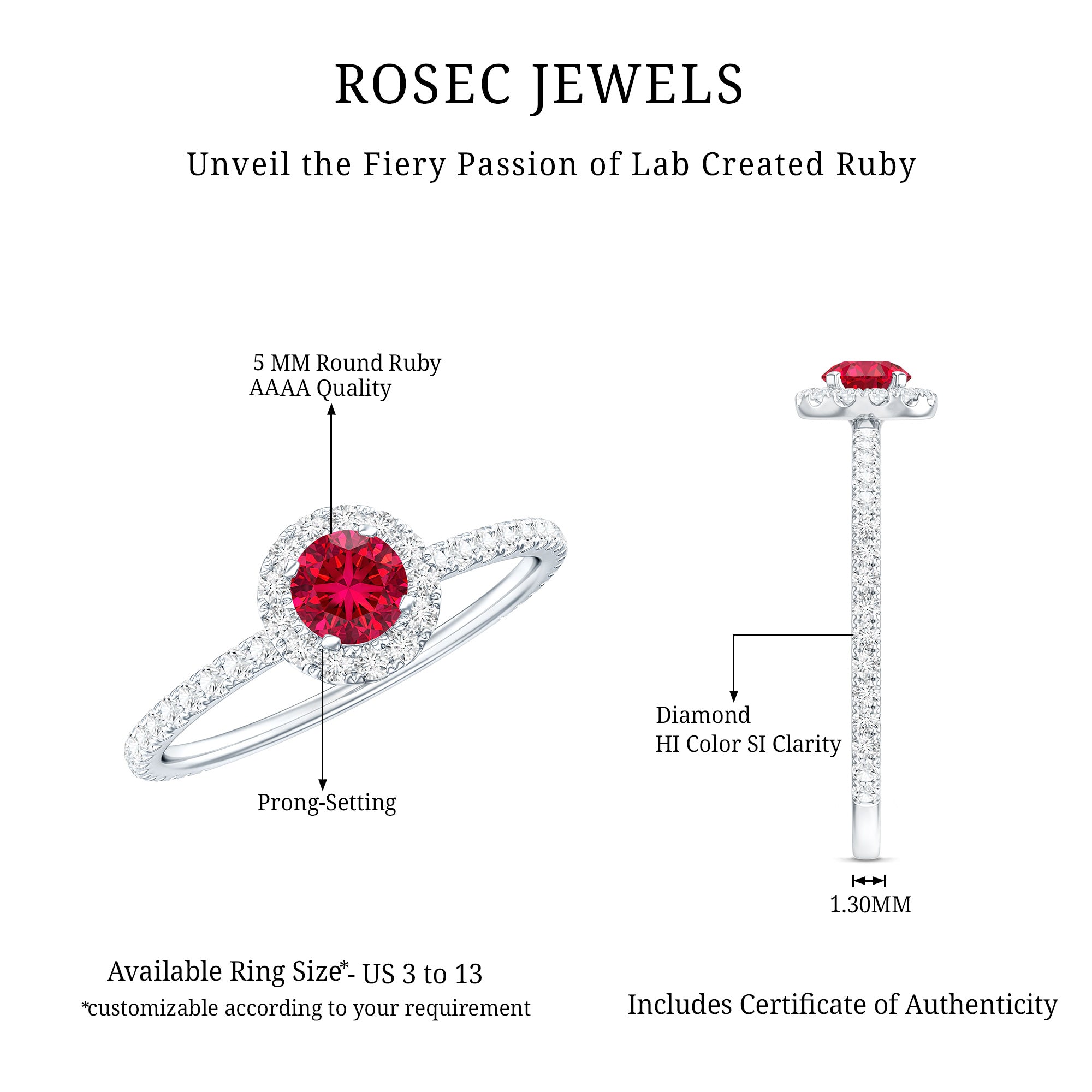 Certified Lab Grown Ruby and Diamond Halo Engagement Ring AAAA - Rosec Jewels