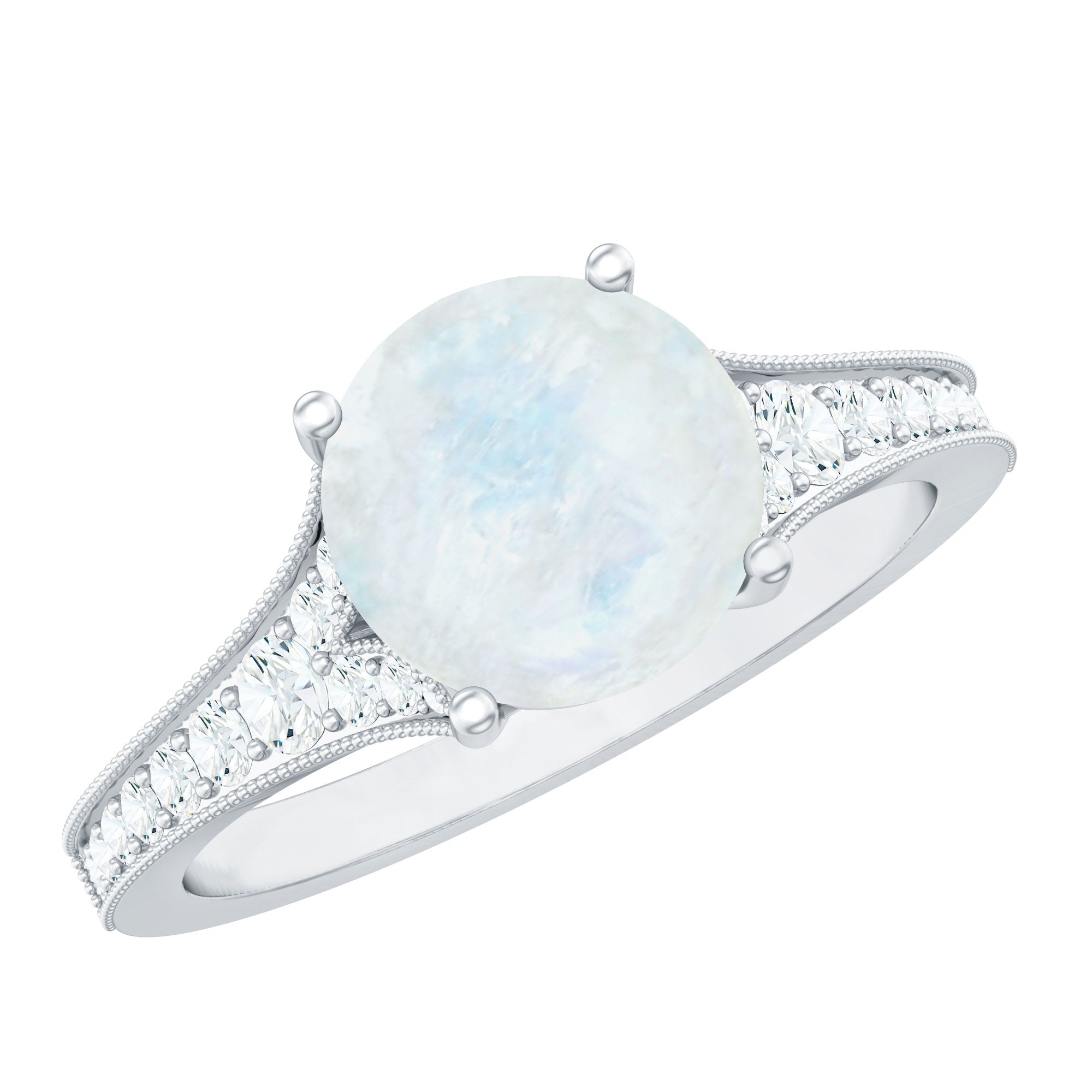 Rosec Jewels-Designer Moonstone Engagement Ring with Diamond Side Stones