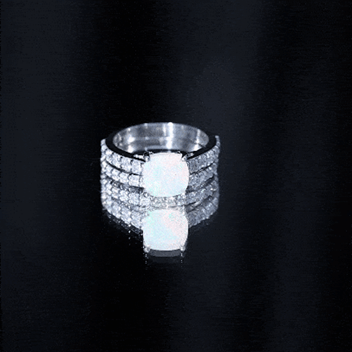 Certified Natural Ethiopian Opal Cushion Cut Engagement Ring with Wedding Band AAA - Rosec Jewels