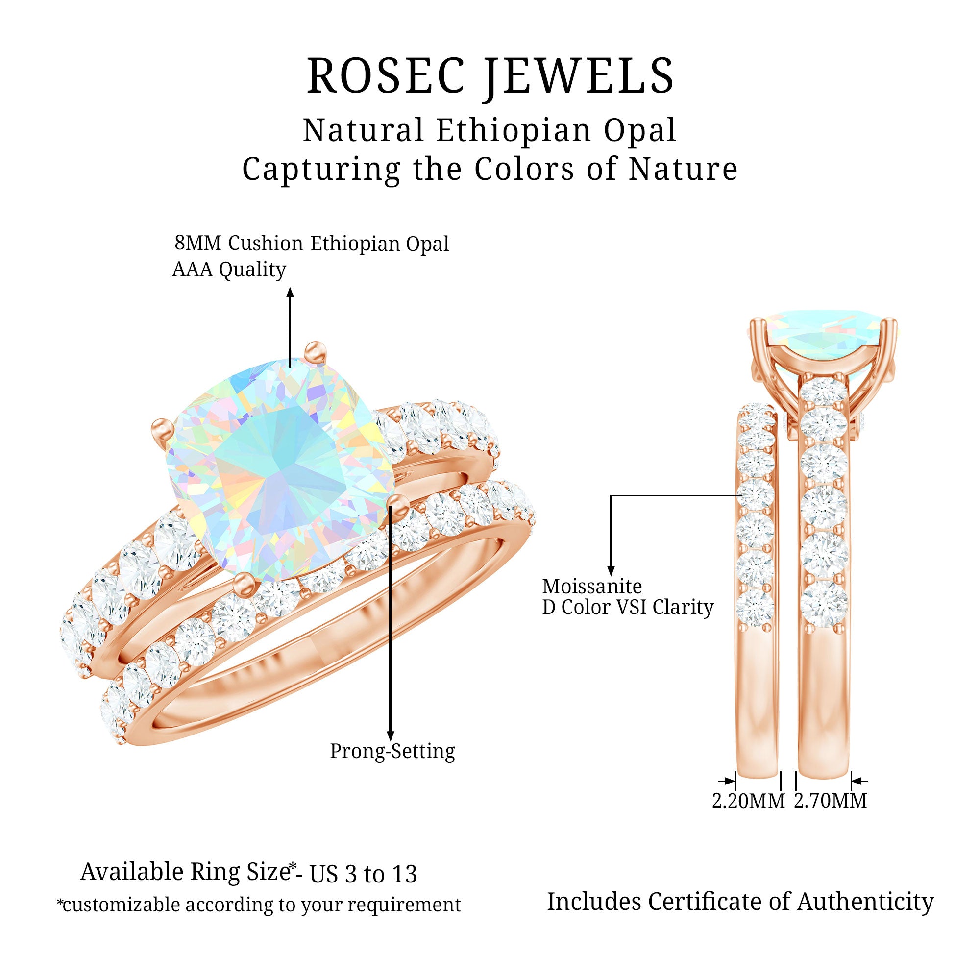 Certified Natural Ethiopian Opal Cushion Cut Engagement Ring with Wedding Band AAA - Rosec Jewels