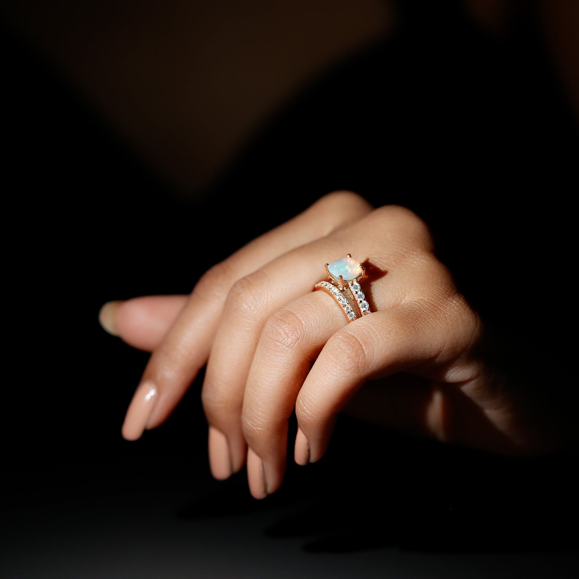 Certified Natural Ethiopian Opal Cushion Cut Engagement Ring with Wedding Band AAA - Rosec Jewels