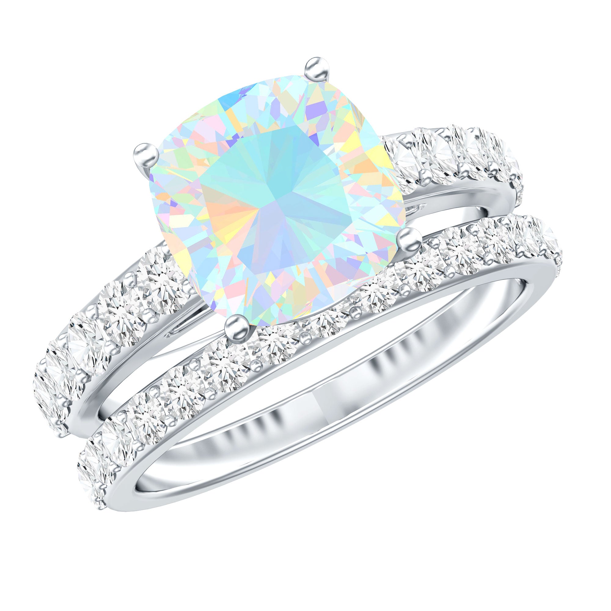 Certified Natural Ethiopian Opal Cushion Cut Engagement Ring with Wedding Band AAA - Rosec Jewels