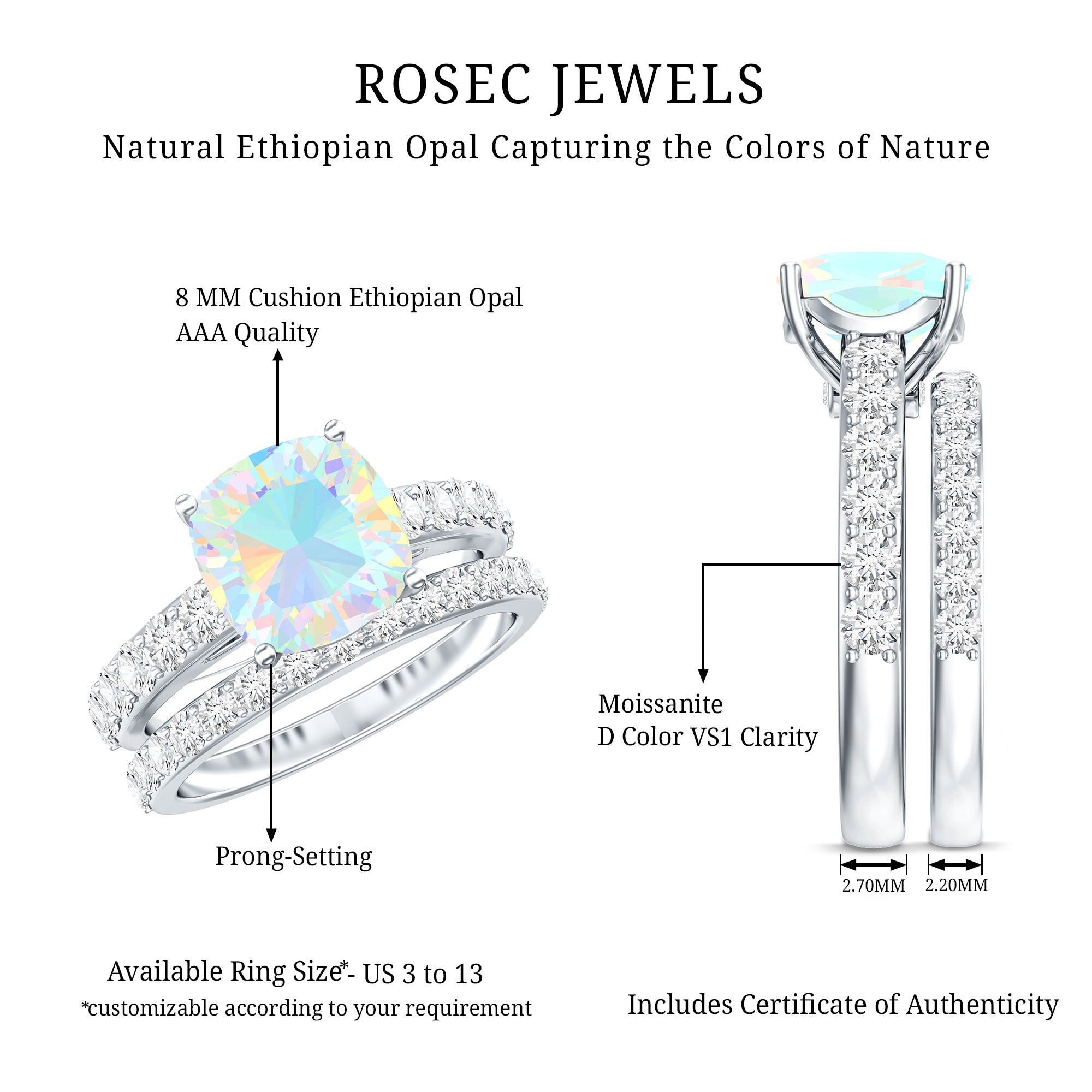Certified Natural Ethiopian Opal Cushion Cut Engagement Ring with Wedding Band AAA - Rosec Jewels