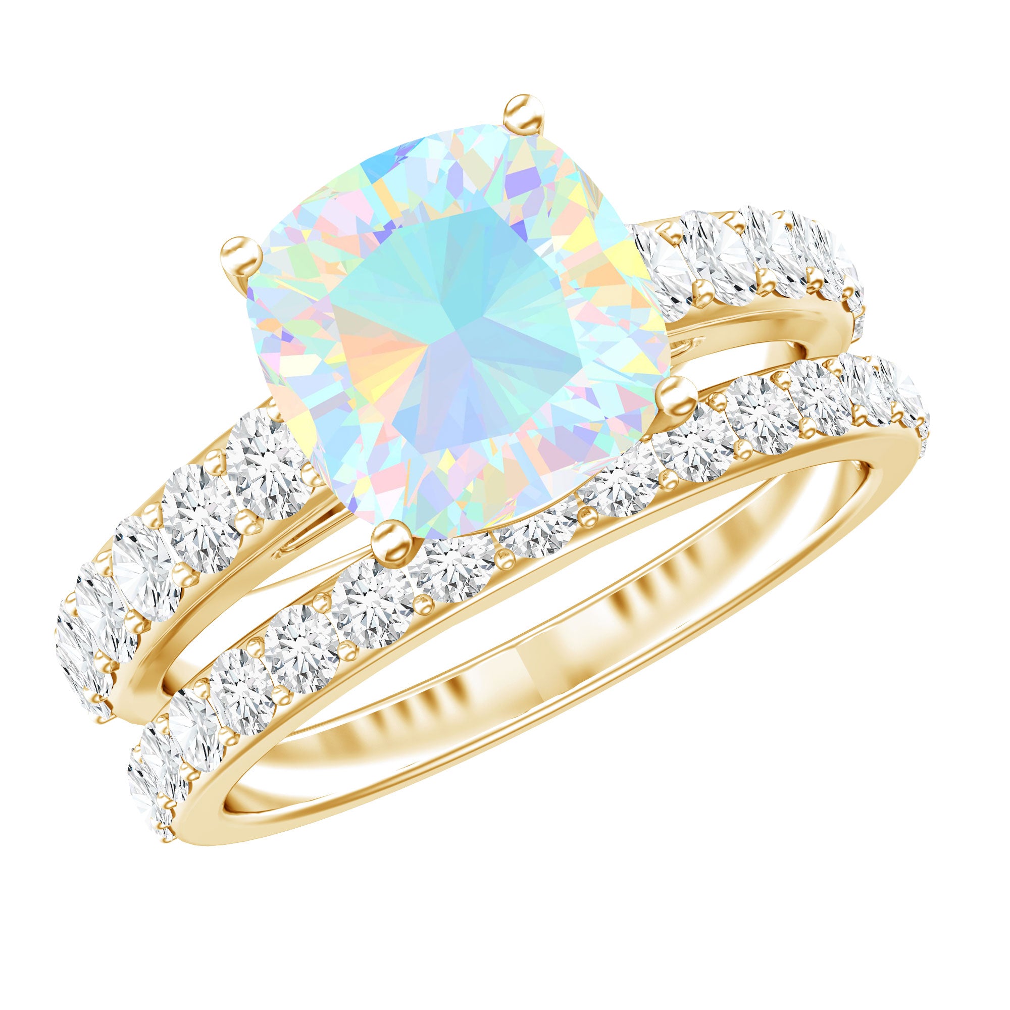 Certified Natural Ethiopian Opal Cushion Cut Engagement Ring with Wedding Band AAA - Rosec Jewels