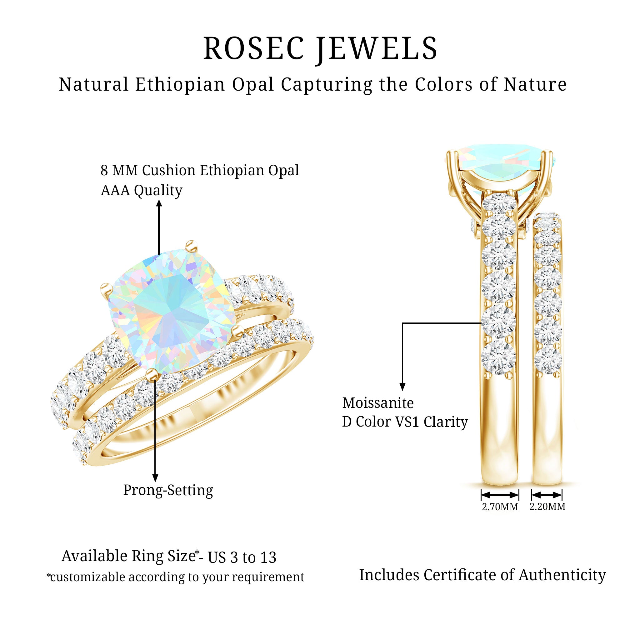 Certified Natural Ethiopian Opal Cushion Cut Engagement Ring with Wedding Band AAA - Rosec Jewels