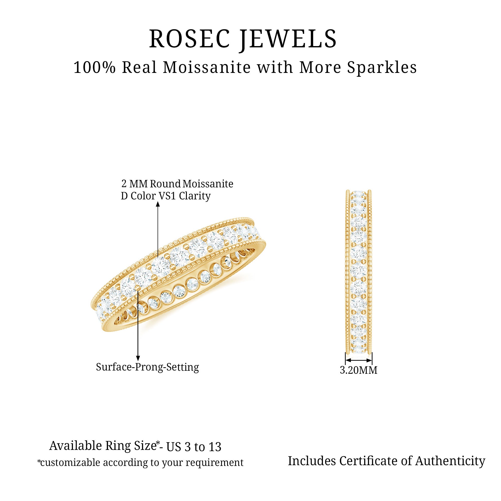 Moissanite Band Ring with Milgrain Detailing D-VS1 - Rosec Jewels