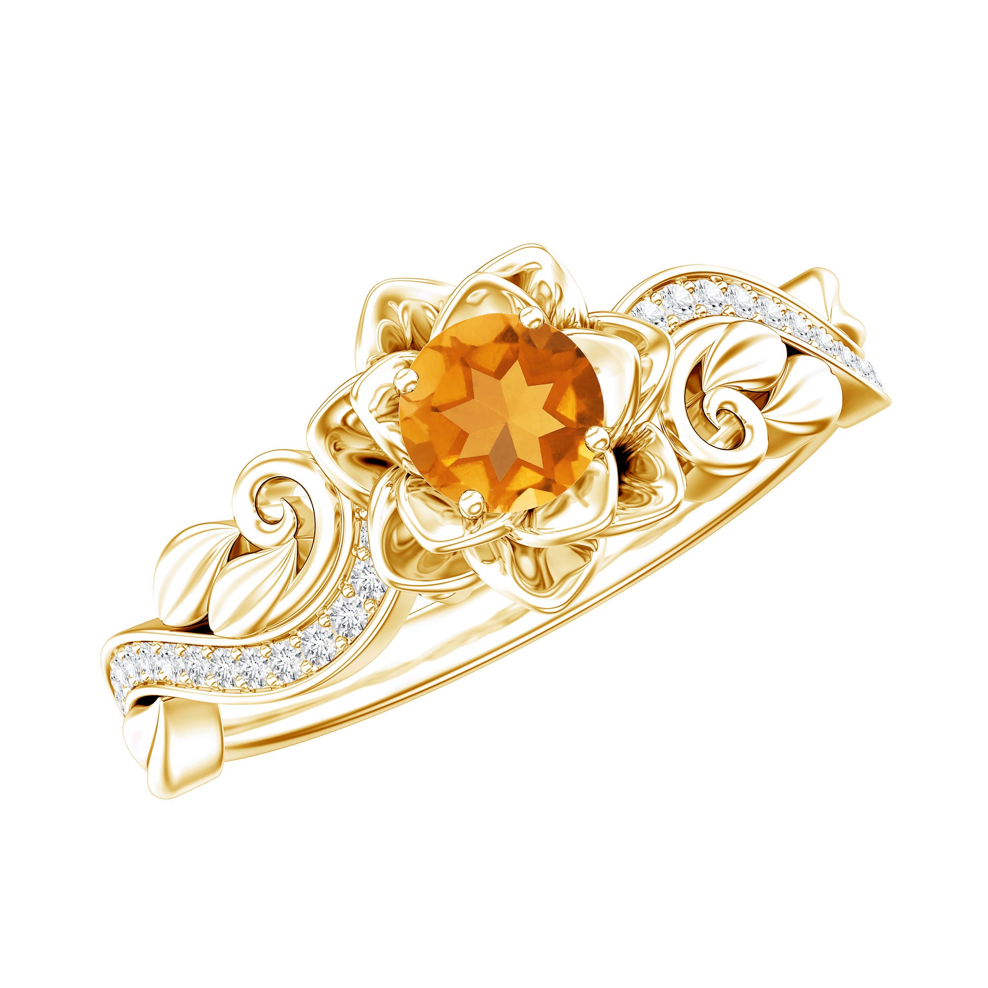 Nature Inspired Citrine Flower Engagement Ring with Diamond AAA - Rosec Jewels
