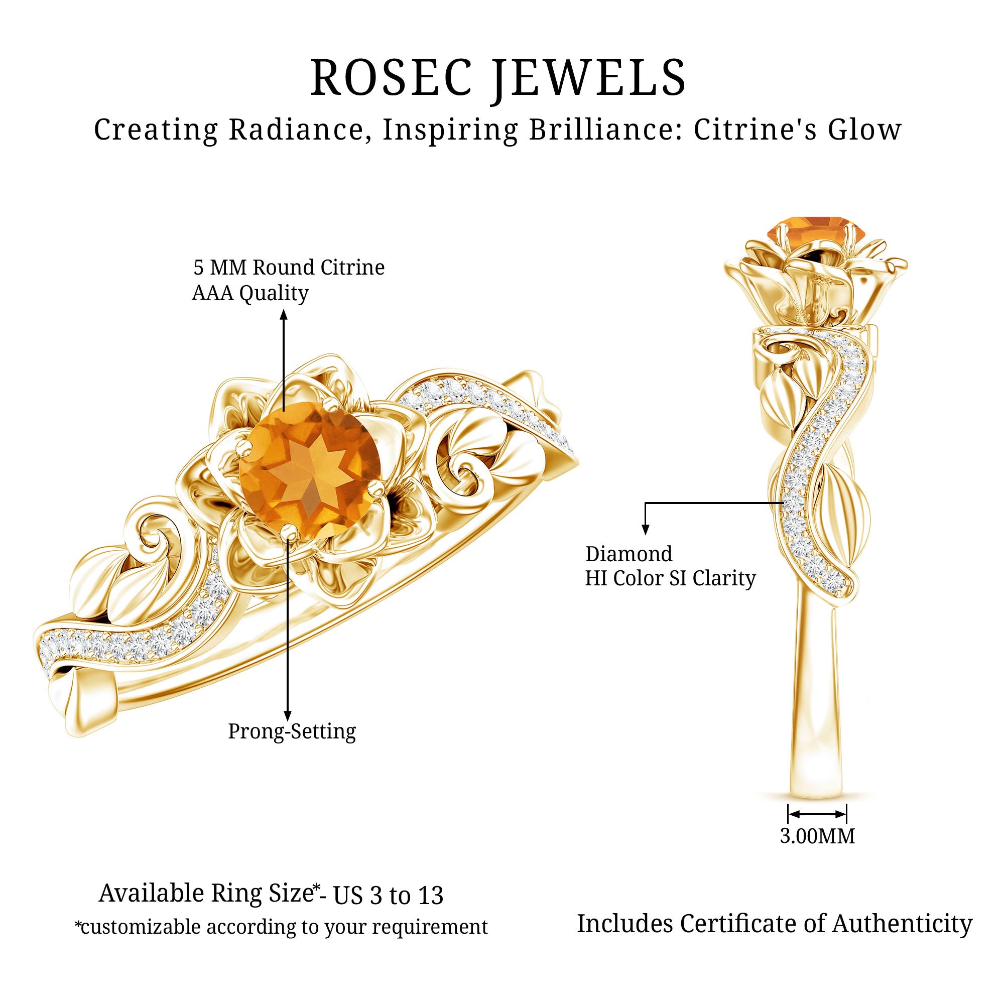 Rosec Jewels-Nature Inspired Citrine Flower Engagement Ring with Diamond