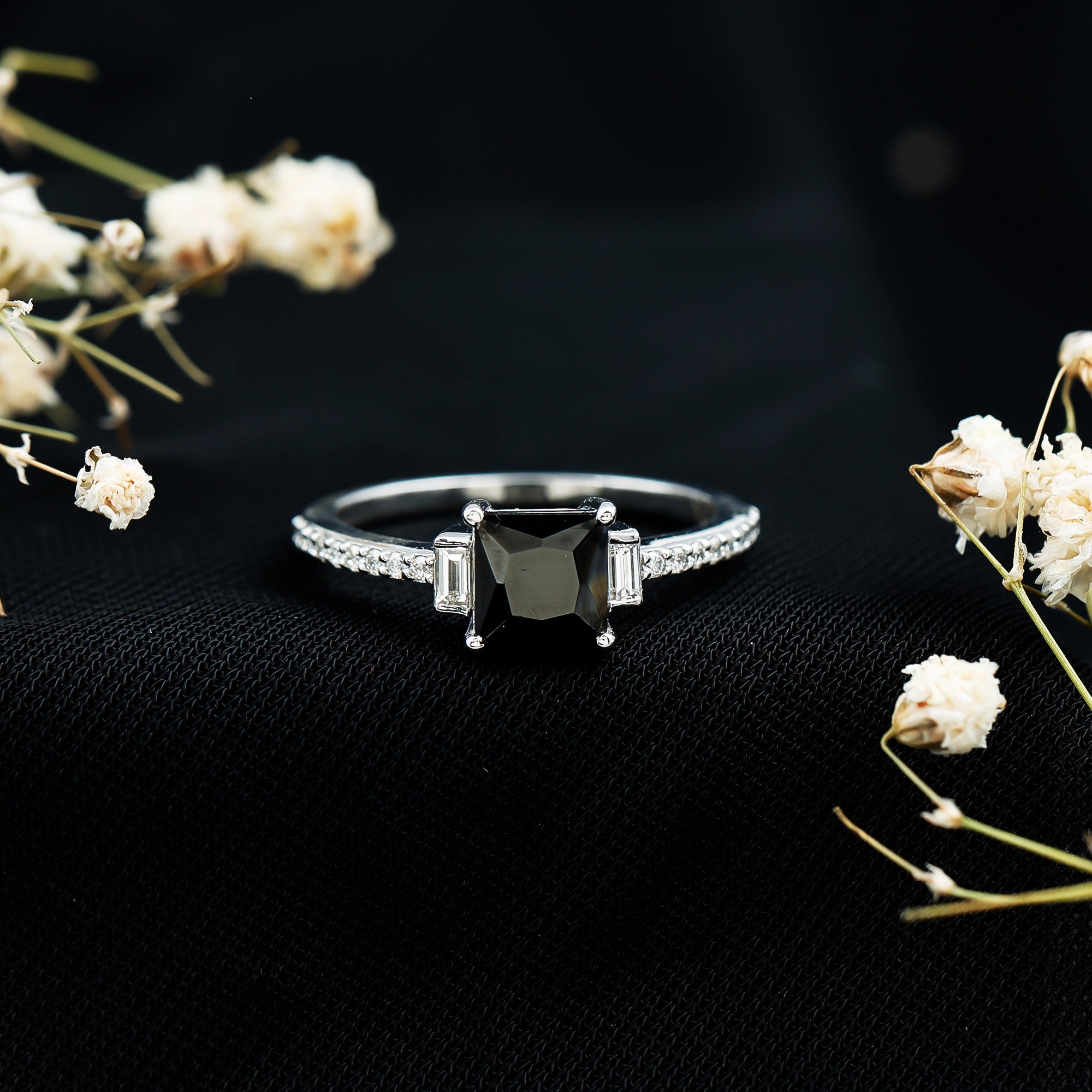 Certified 1 Carat Lab Grown Black and White Diamond Princess Cut Solitaire Engagement Ring AAAA ( Synthetic ) - Rosec Jewels