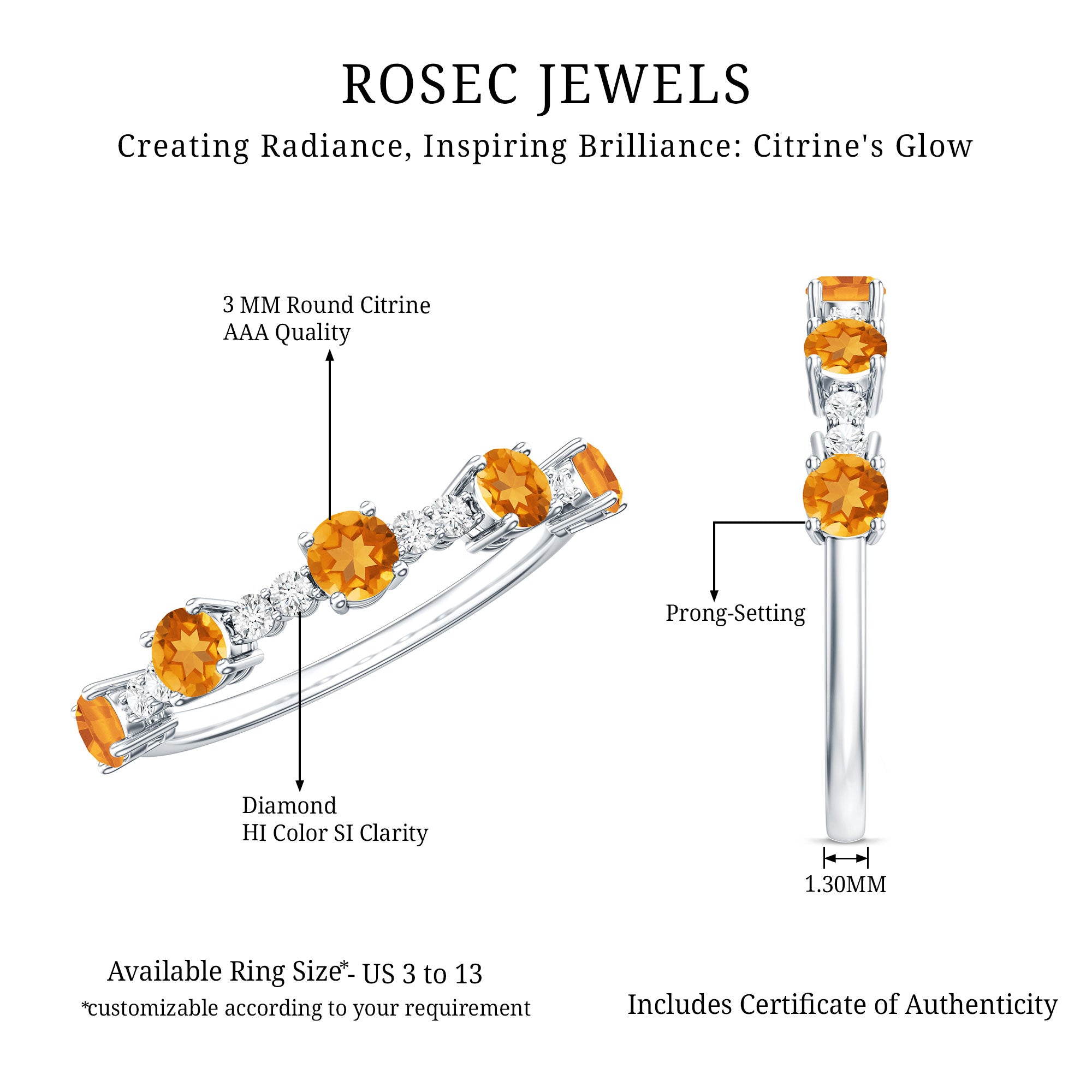 Natural Citrine Diamond Half Eternity Ring for Anniversary AAA - Rosec Jewels