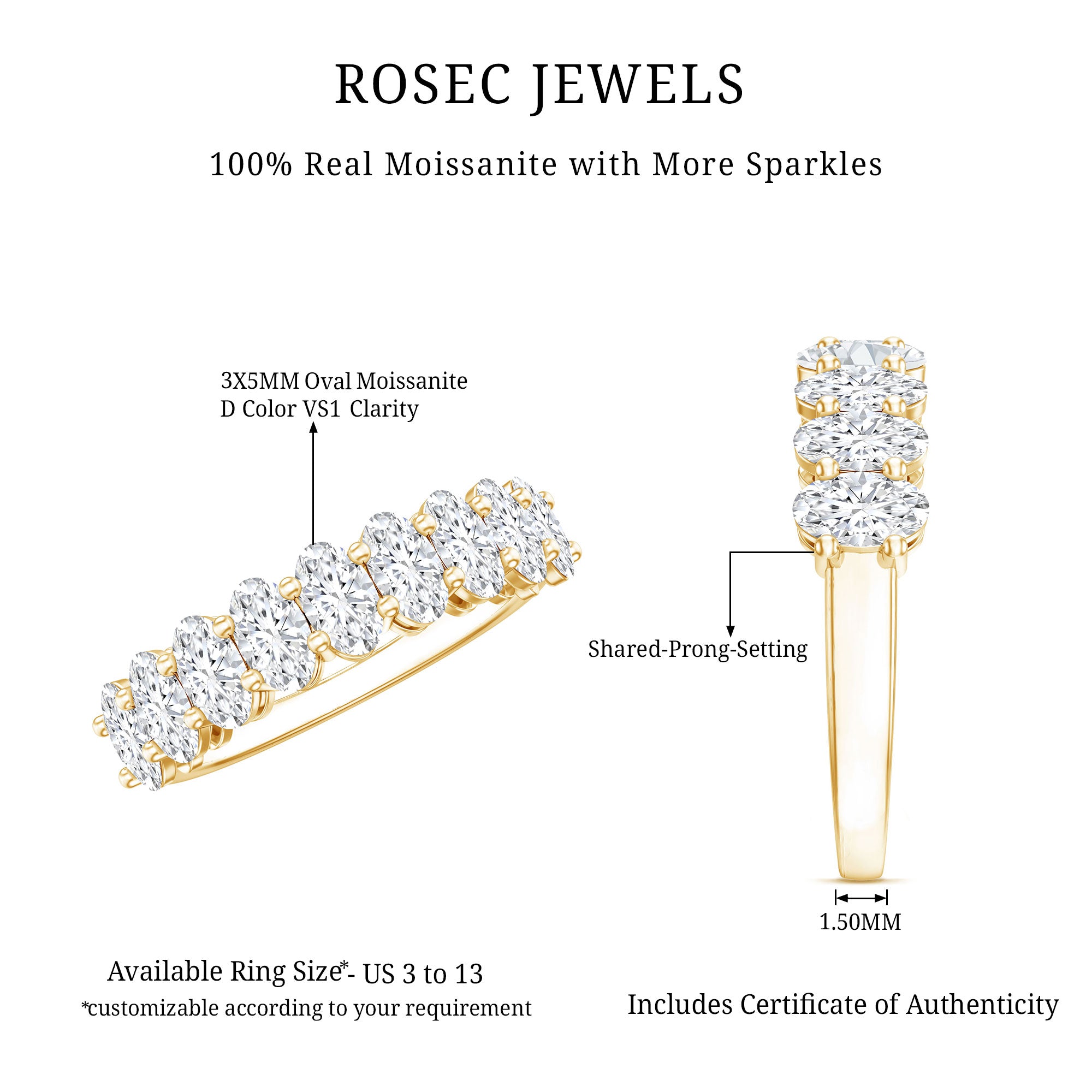 Oval Moissanite Half Eternity Wedding Band Ring D-VS1 - Rosec Jewels