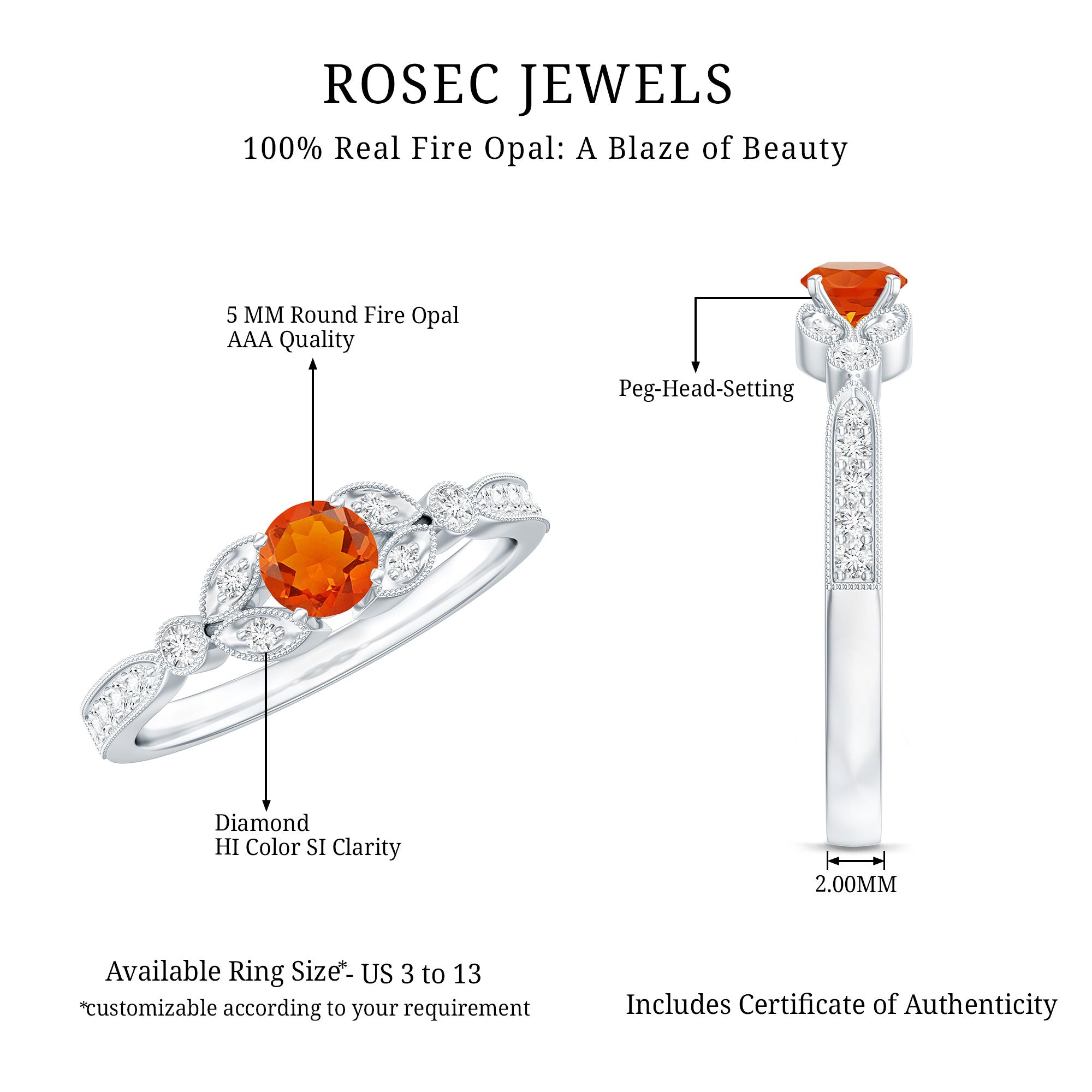 Minimal Fire Opal and Diamond Promise Ring AAA - Rosec Jewels