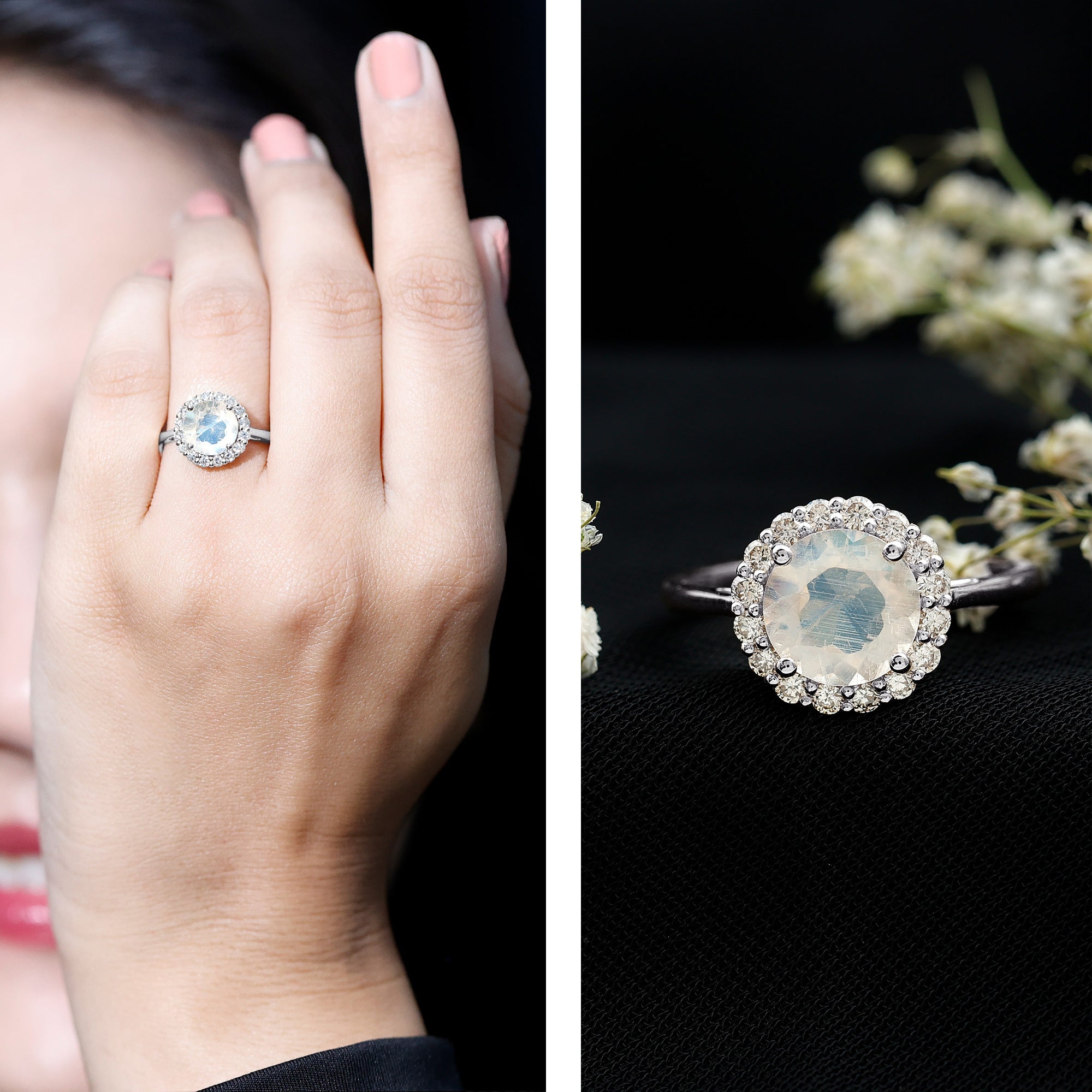 0.8 CT Round Moonstone Halo Engagement Ring with Diamond AAA - Rosec Jewels