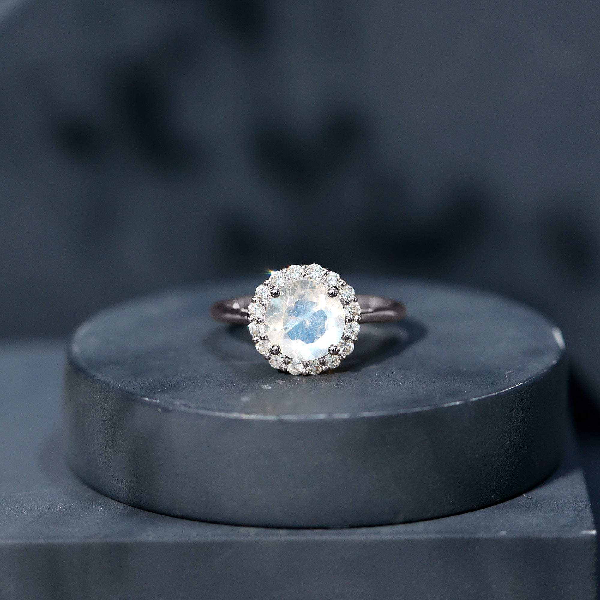 0.8 CT Round Moonstone Halo Engagement Ring with Diamond AAA - Rosec Jewels