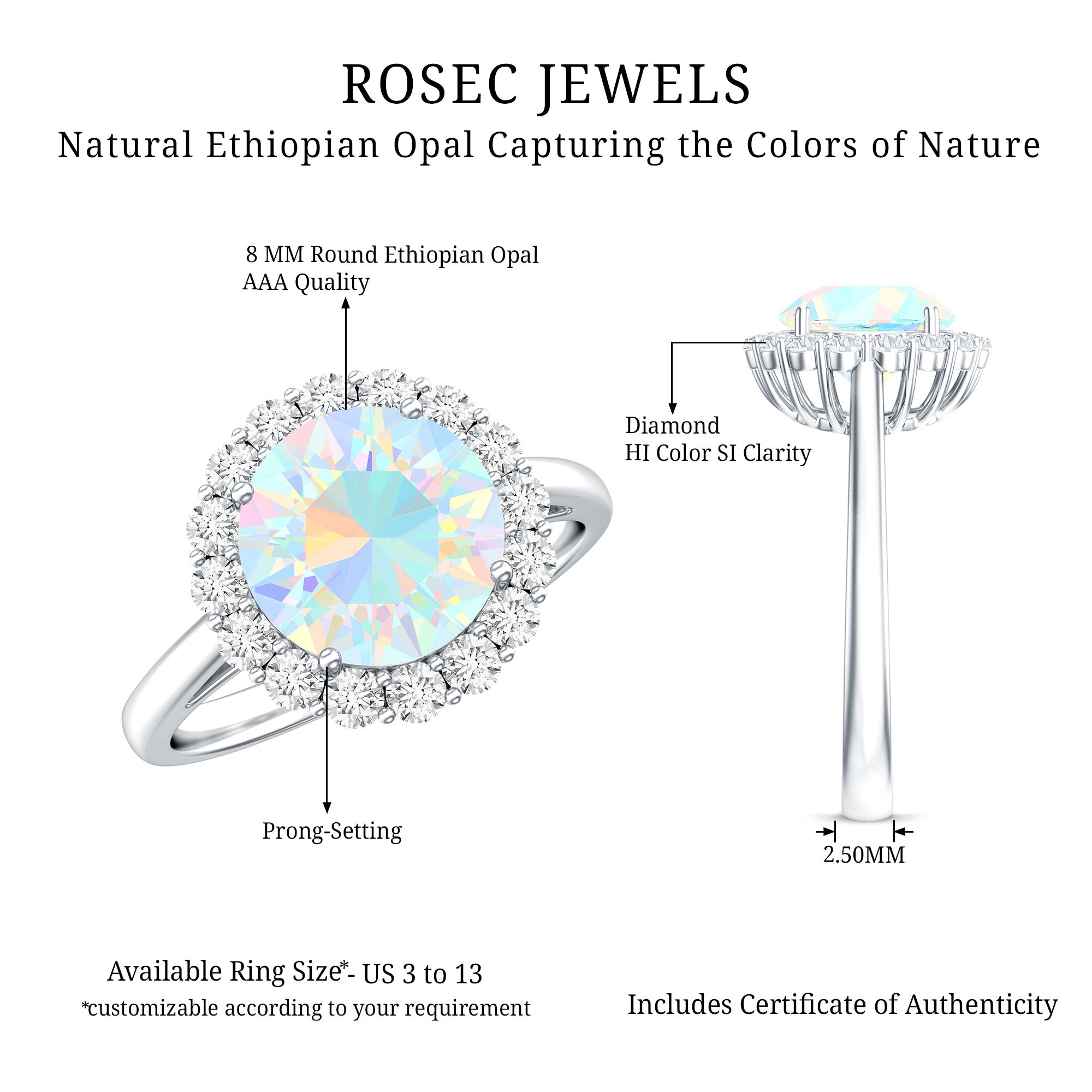 Certified Real 8mm Ethiopian Rainbow Opal Engagement Ring with Diamond Halo AAA - Rosec Jewels