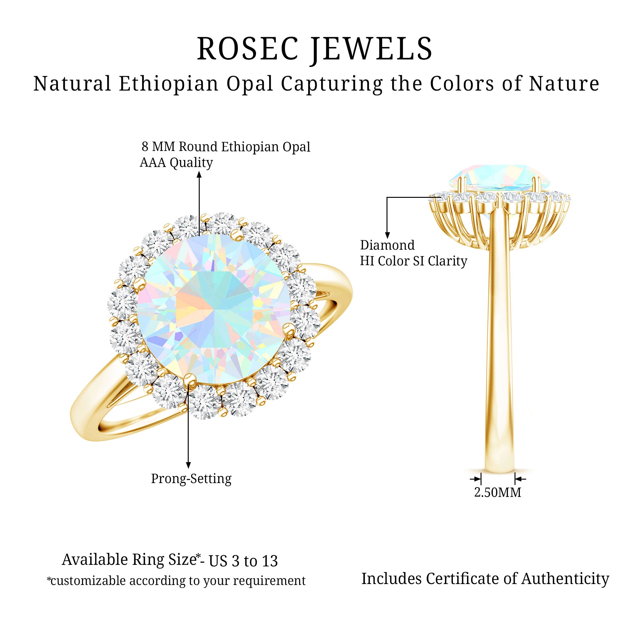 Certified Real 8mm Ethiopian Rainbow Opal Engagement Ring with Diamond Halo AAA - Rosec Jewels