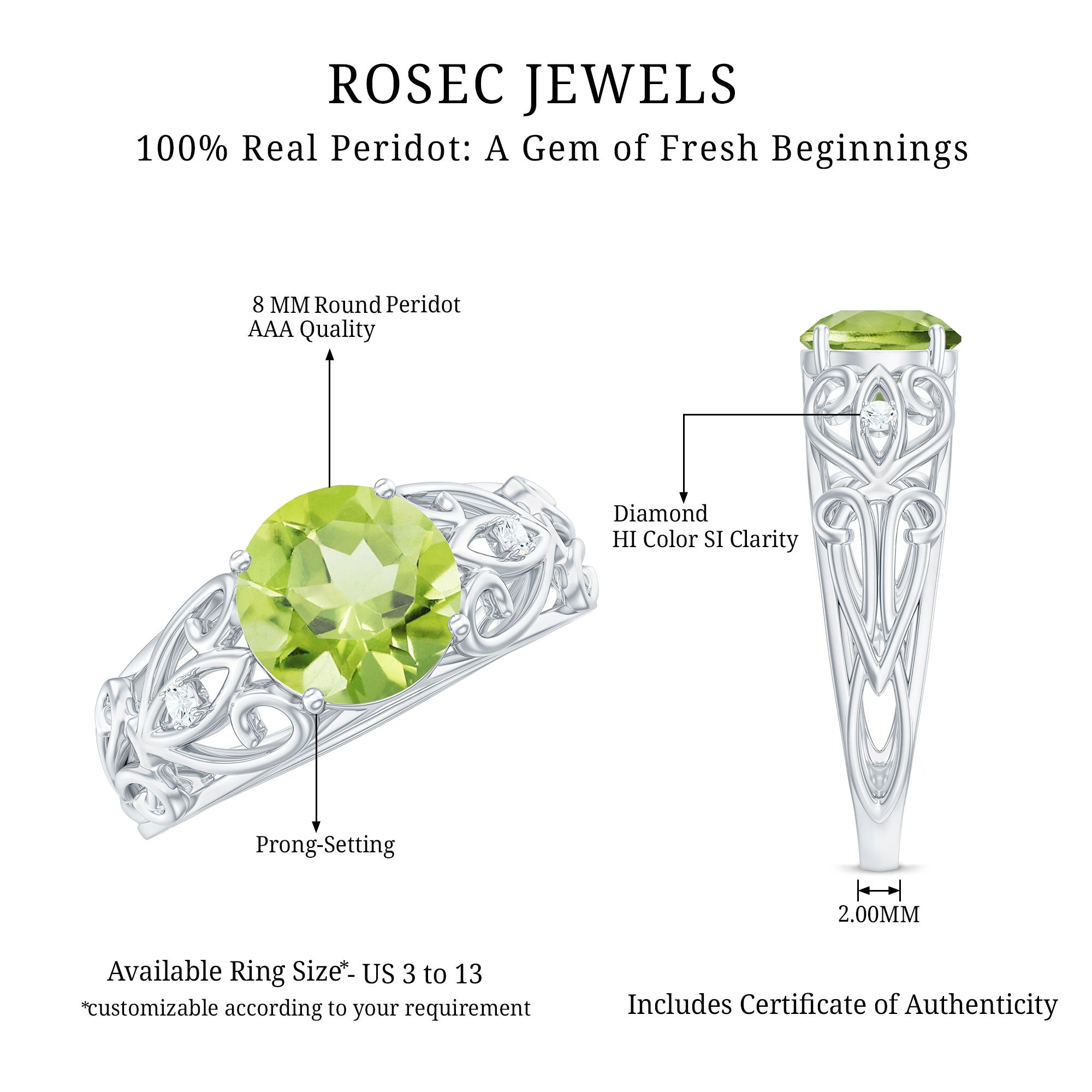 Antique Inspired 2 Carat Peridot Engagement Ring with Diamond AAA - Rosec Jewels