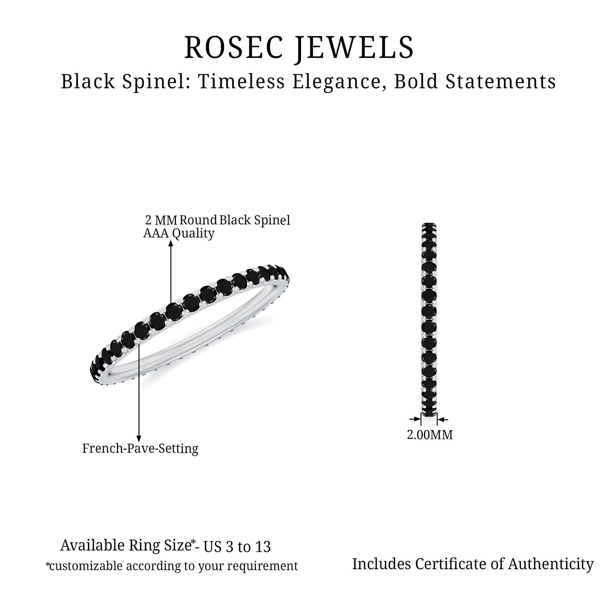 Certified Real Black Spinel Eternity Stackable Ring AAA - Rosec Jewels