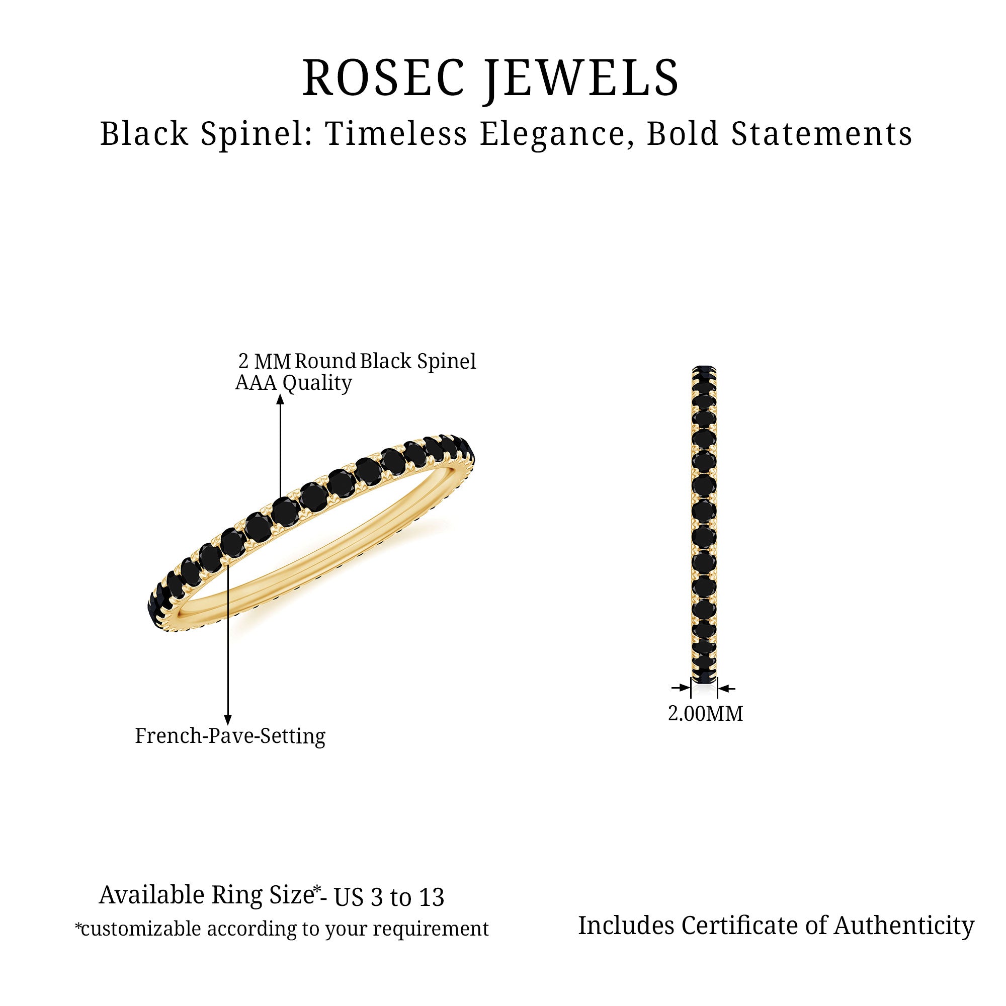 Certified Real Black Spinel Eternity Stackable Ring AAA - Rosec Jewels