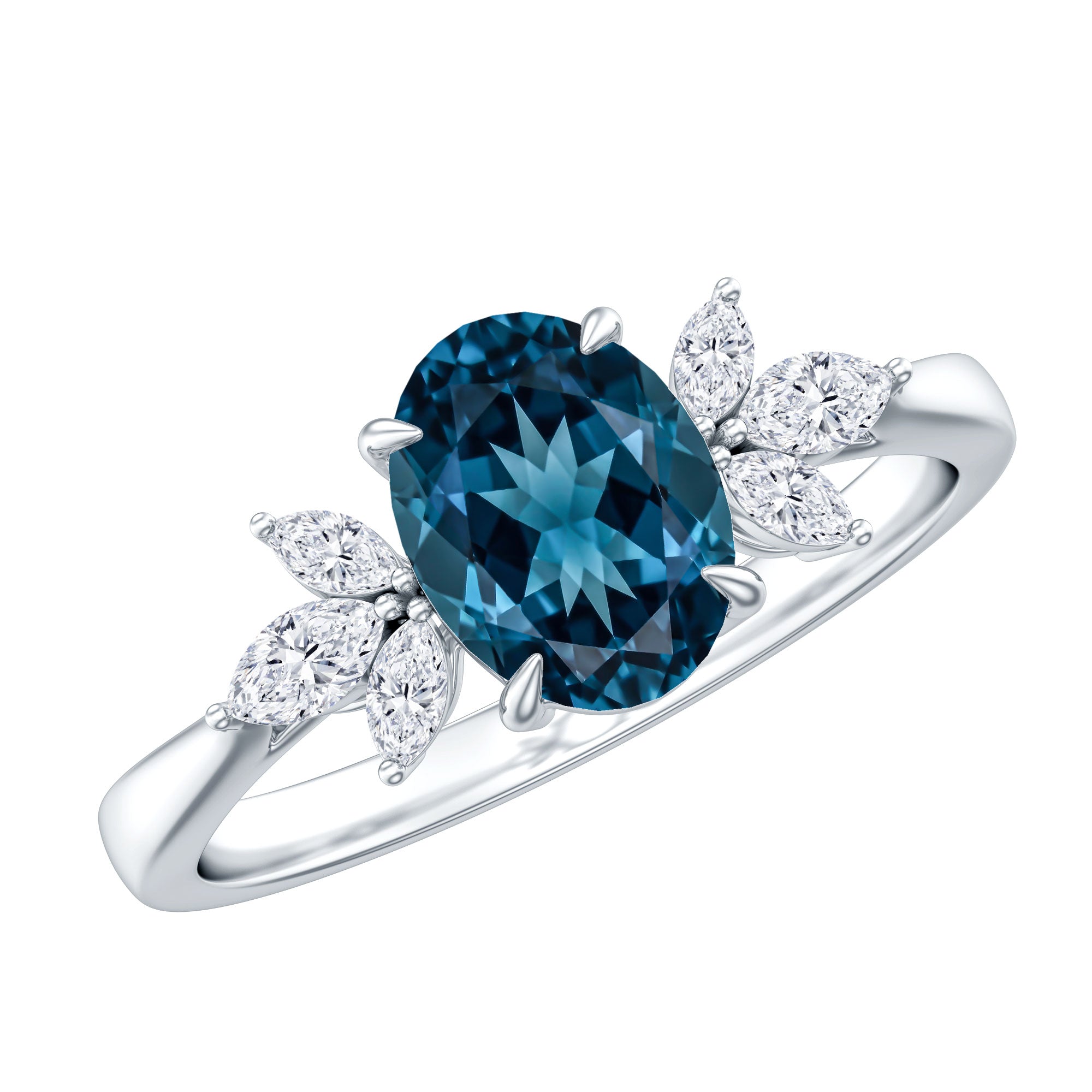 Oval Cut London Blue Topaz Engagement Ring with Diamond Trio AAA - Rosec Jewels