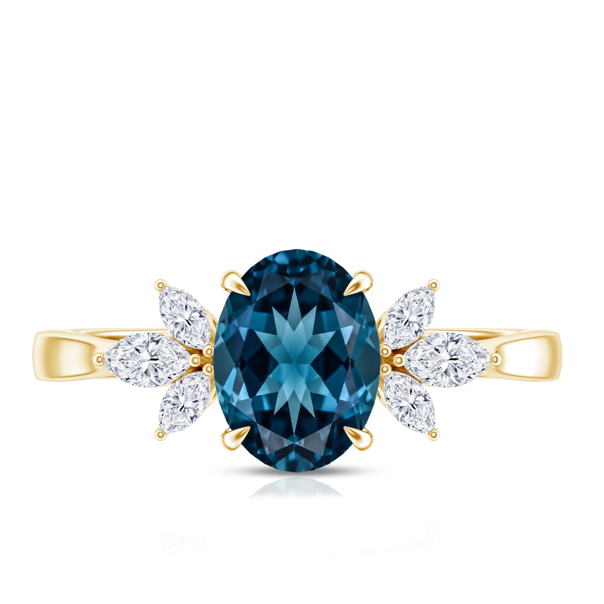 Oval Cut London Blue Topaz Engagement Ring with Diamond Trio AAA - Rosec Jewels