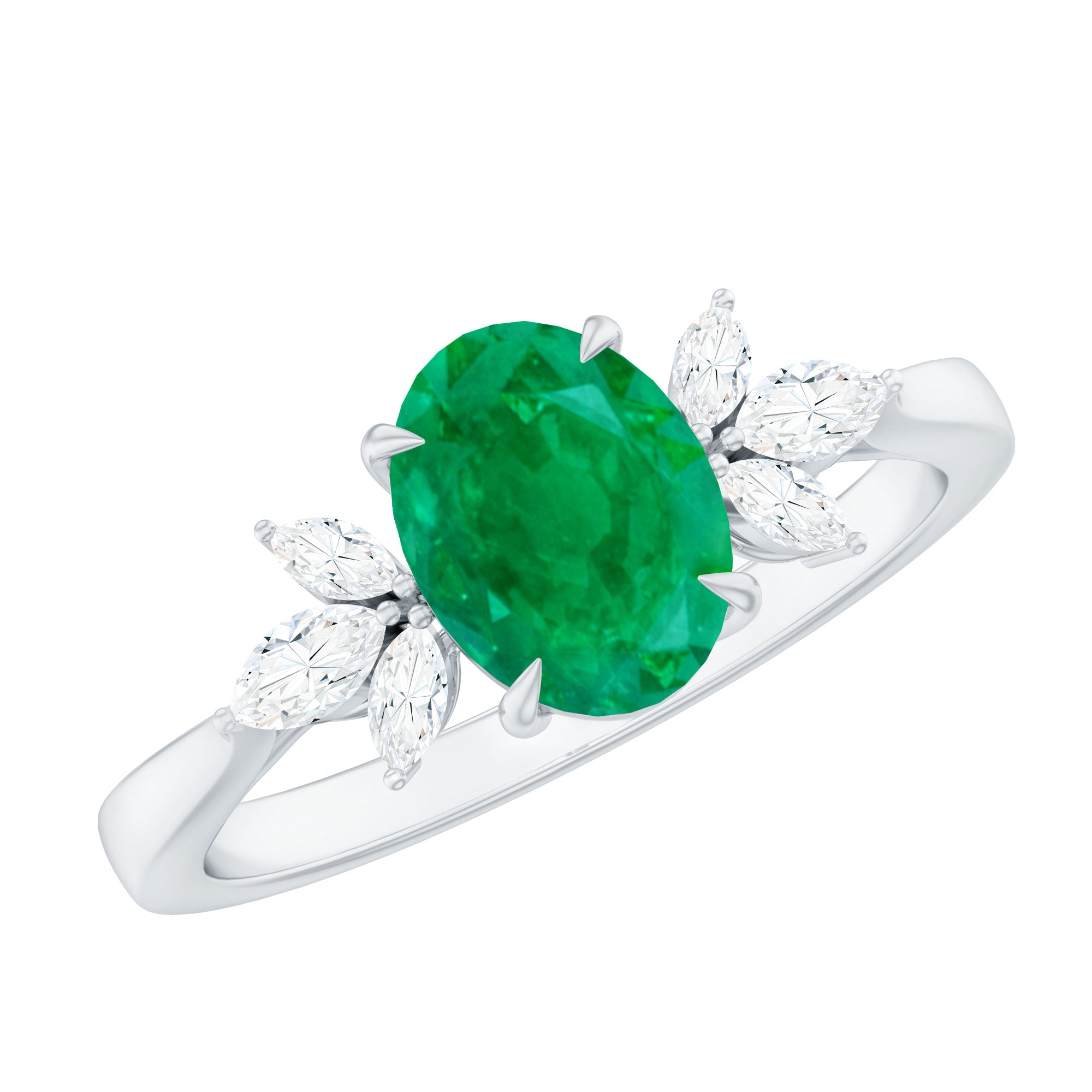 Natural 6X8MM Oval Emerald Engagement Ring with Diamond Trio AAA - Rosec Jewels