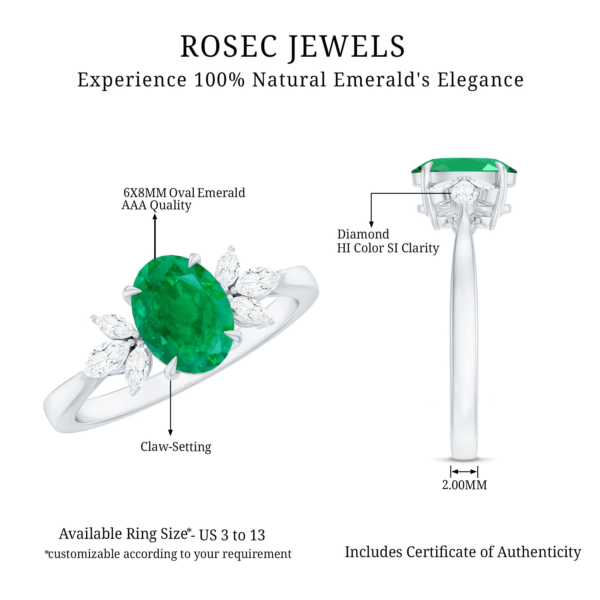 Natural 6X8MM Oval Emerald Engagement Ring with Diamond Trio AAA - Rosec Jewels