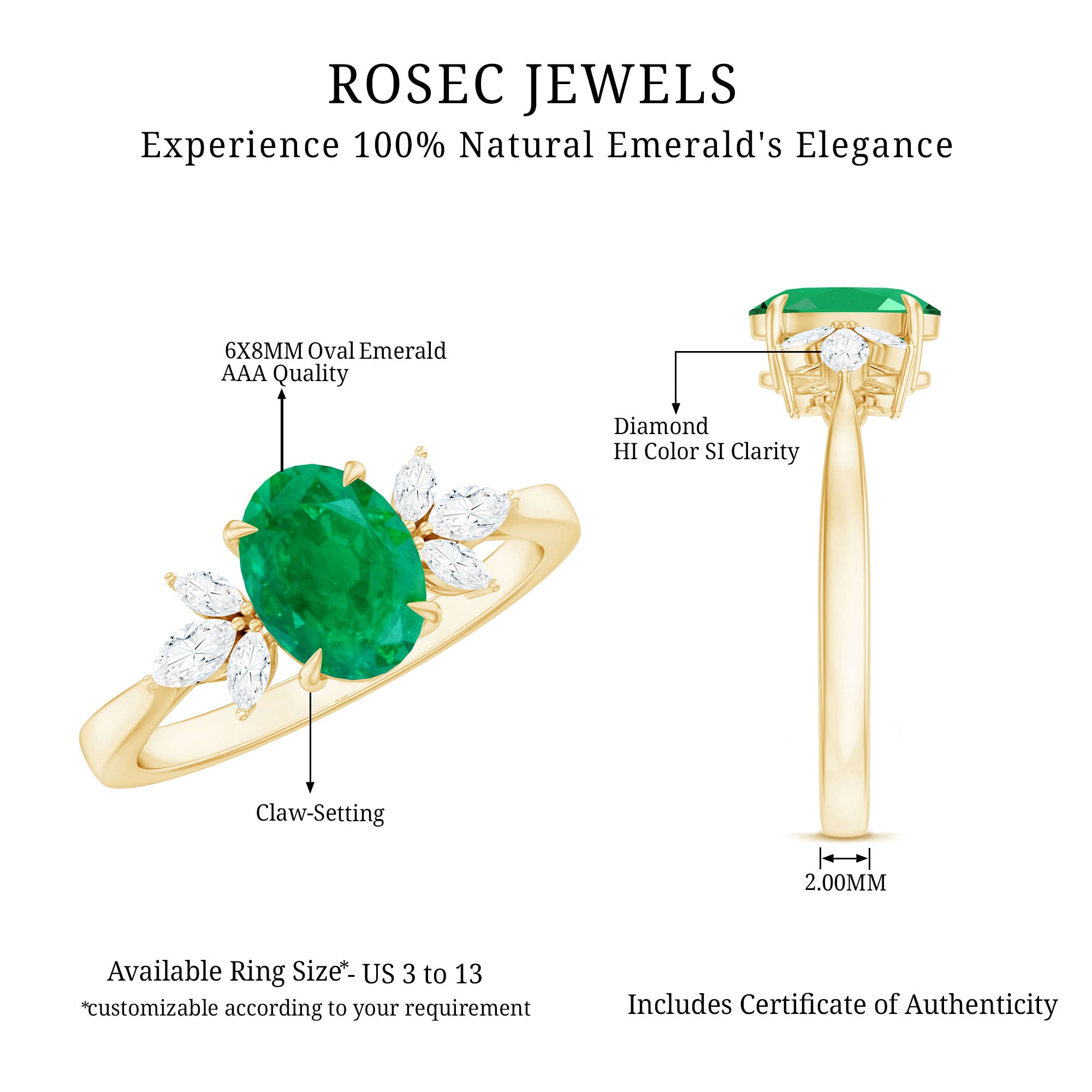 Natural 6X8MM Oval Emerald Engagement Ring with Diamond Trio AAA - Rosec Jewels
