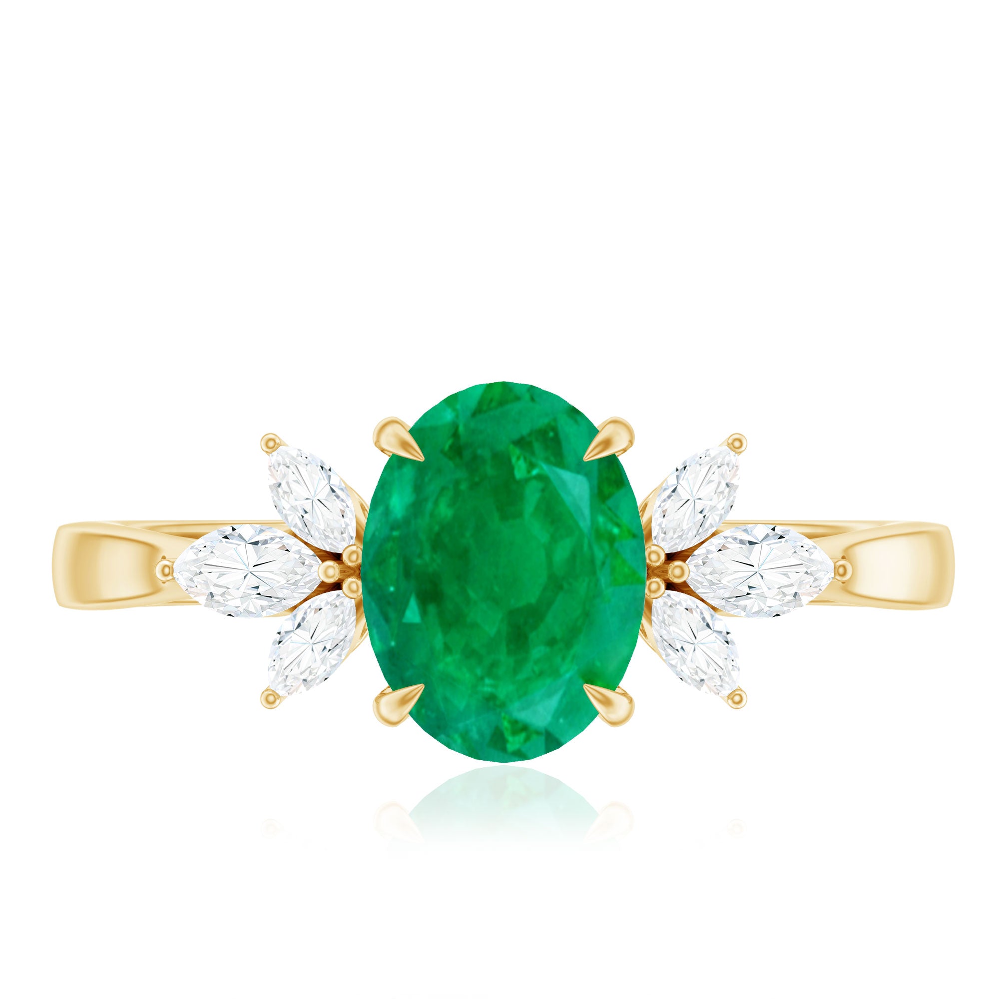 Natural 6X8MM Oval Emerald Engagement Ring with Diamond Trio AAA - Rosec Jewels