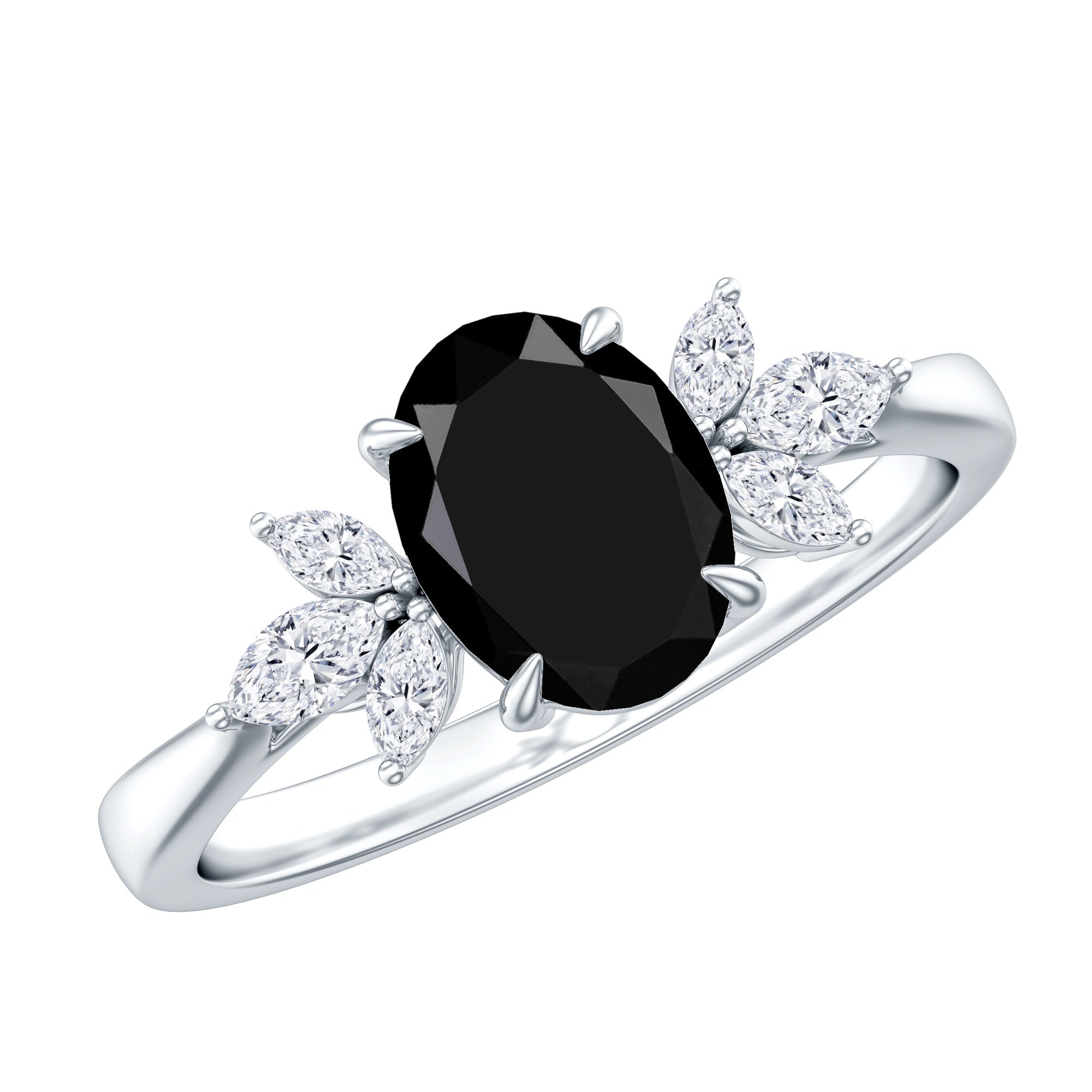 Oval Cut Black Onyx Engagement Ring with Diamond Trio AAA - Rosec Jewels