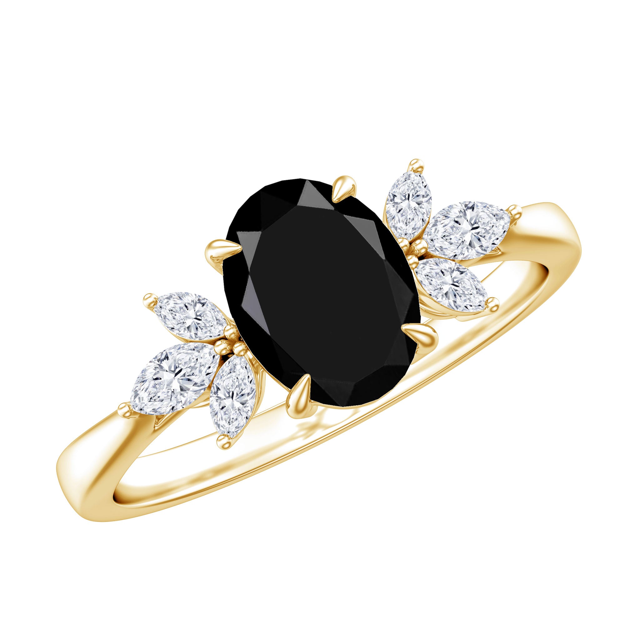 Oval Cut Black Onyx Engagement Ring with Diamond Trio AAA - Rosec Jewels